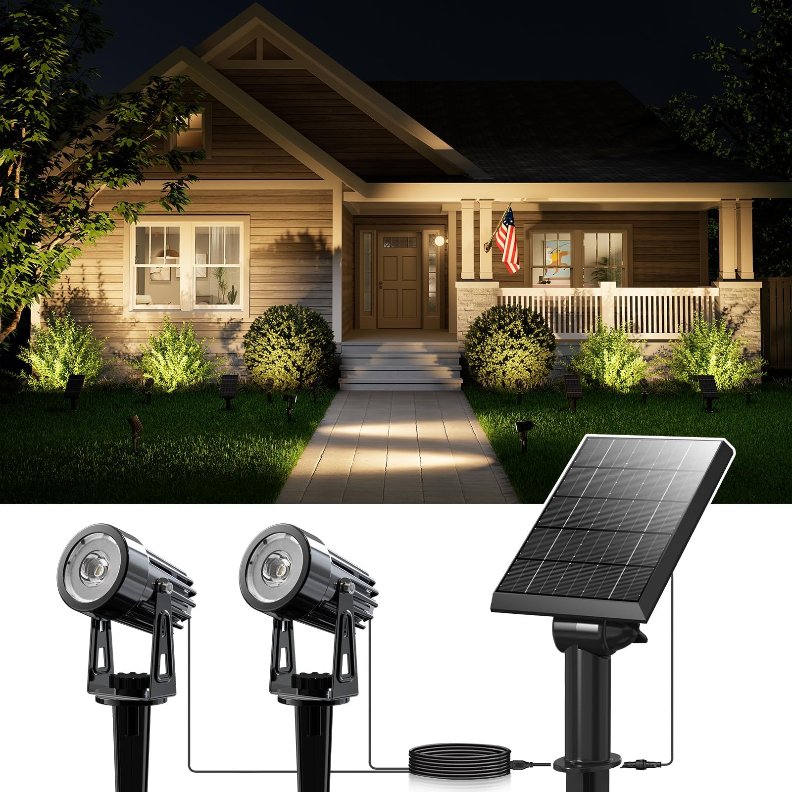 Solar Powered Outdoor LED Spot Lights - Waterproof Landscape Lighting for Trees, Flags, Plants, Statues, Houses, Yards, Gardens & Pathways | Separate Solar Panel with 15.7ft Cable | Warm White Light (2-in-1) - Perfect for Garden Decoration, Patio Lighting & Home Security
