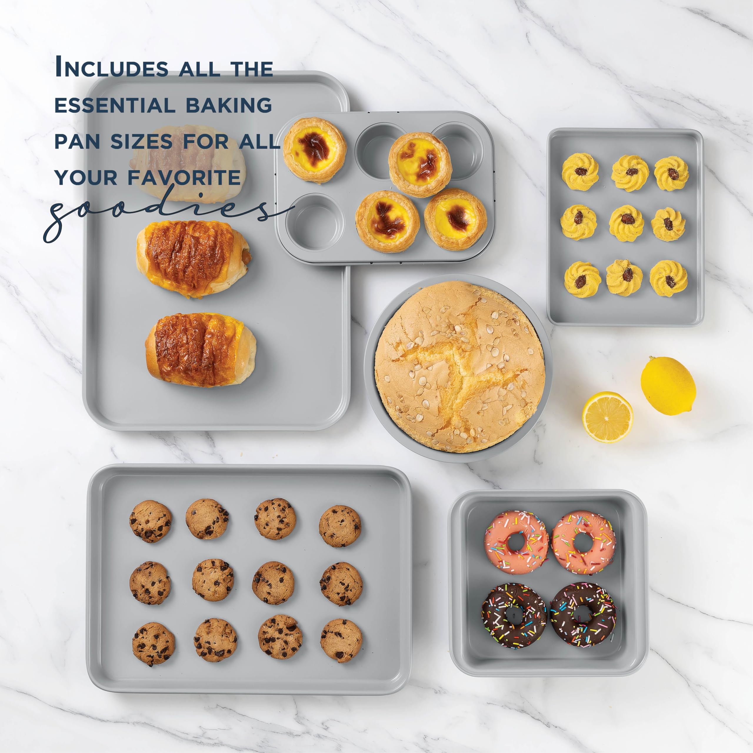 Nonstick Stackable Bakeware Set - 13-Piece Durable & Easy Release Country Kitchen Baking Pans in Denim Blue - Perfect for Cakes, Cookies, and Family Dinners