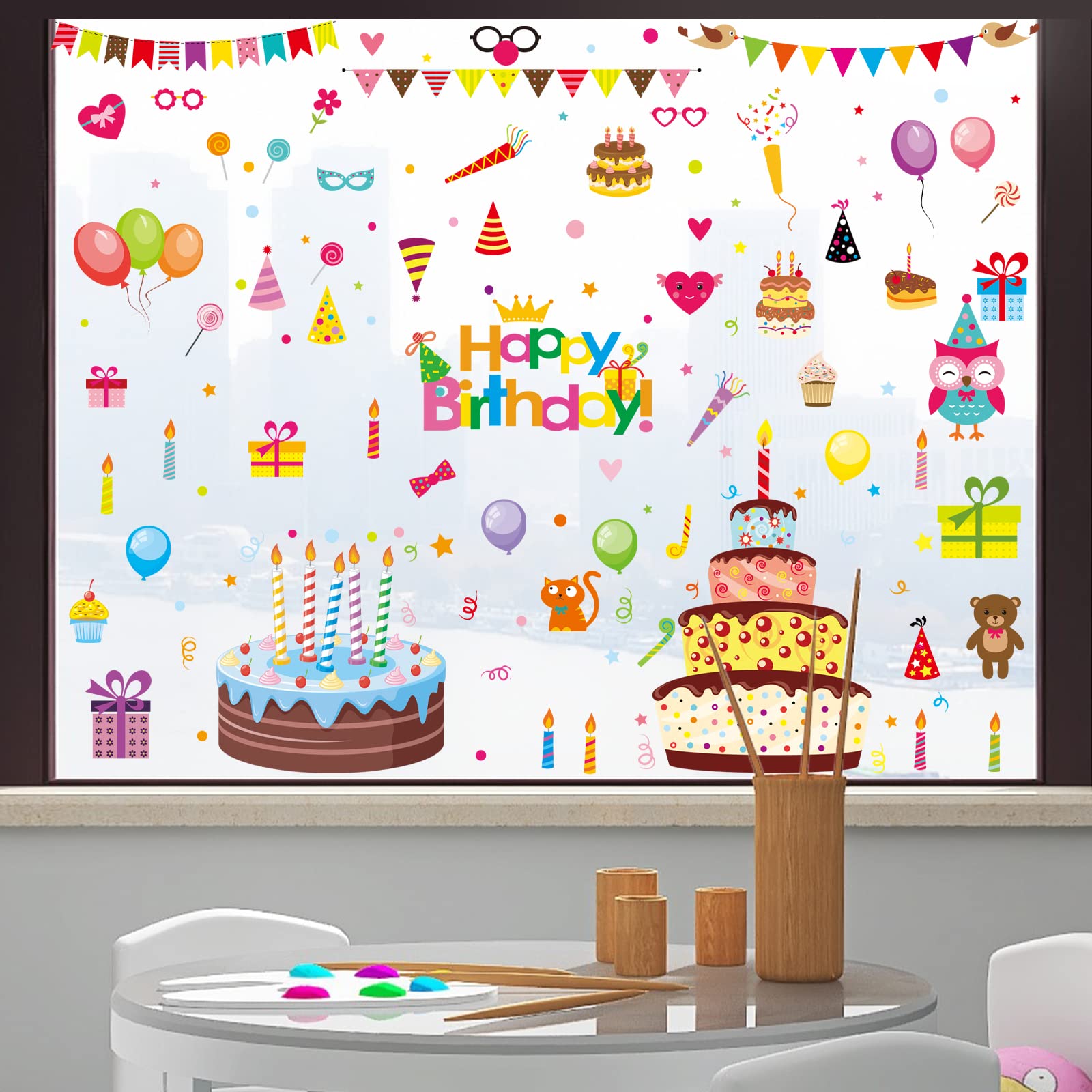 131Pcs Happy Birthday Window Clings - Birthday Party Decorations Stickers Set with Letters, Cake, Balloons & Banner - Unique 2024 Window Decals for Birthday Celebrations, Home & Office Party Decor