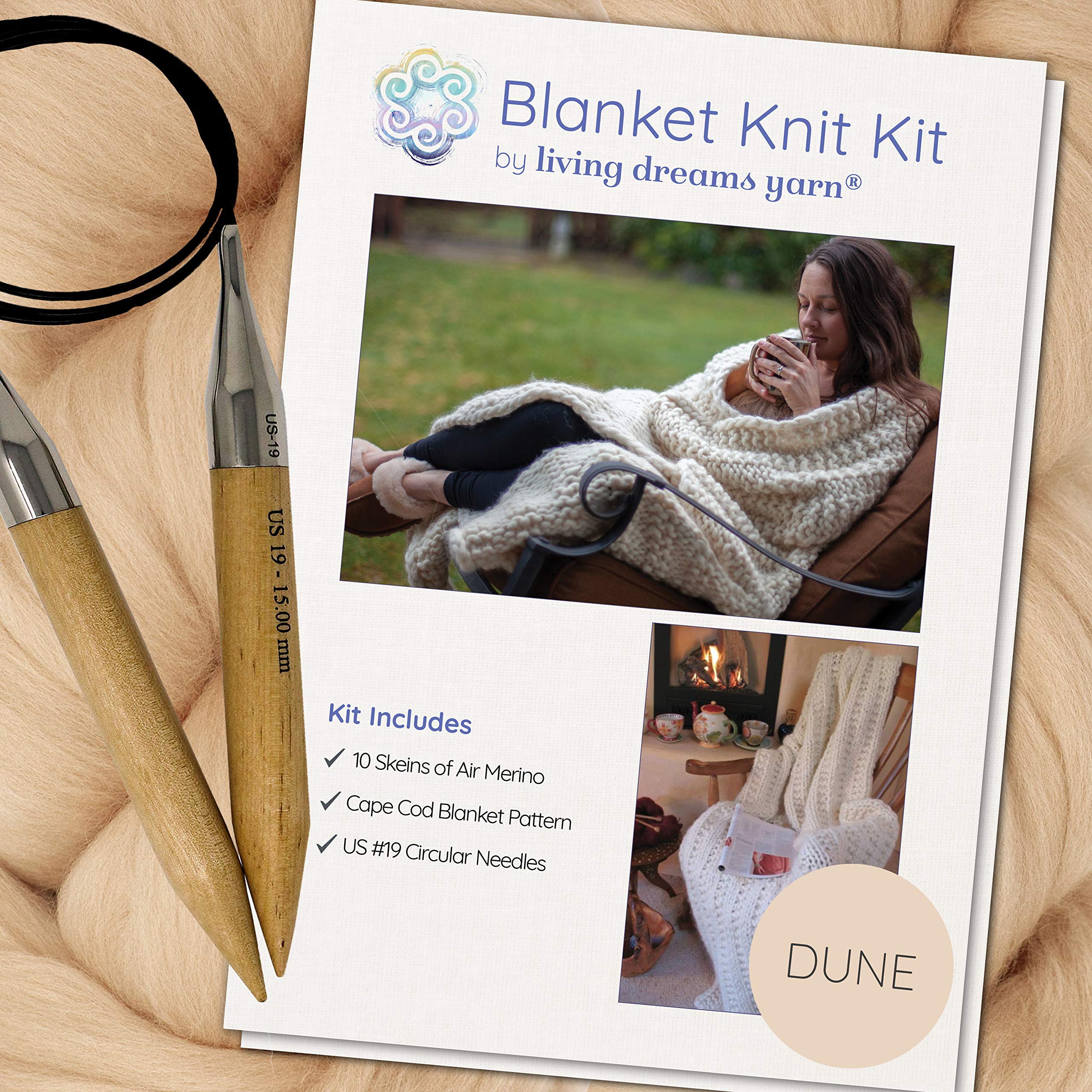 Extra Large Merino Wool Blanket Knitting Kit - Super Soft Air Merino Yarn, Big Wooden Knitting Needles & Cape Cod Blanket Pattern (Dunes Color) - Perfect for Cozy Winter Nights, DIY Home Decor & Handmade Gifts
