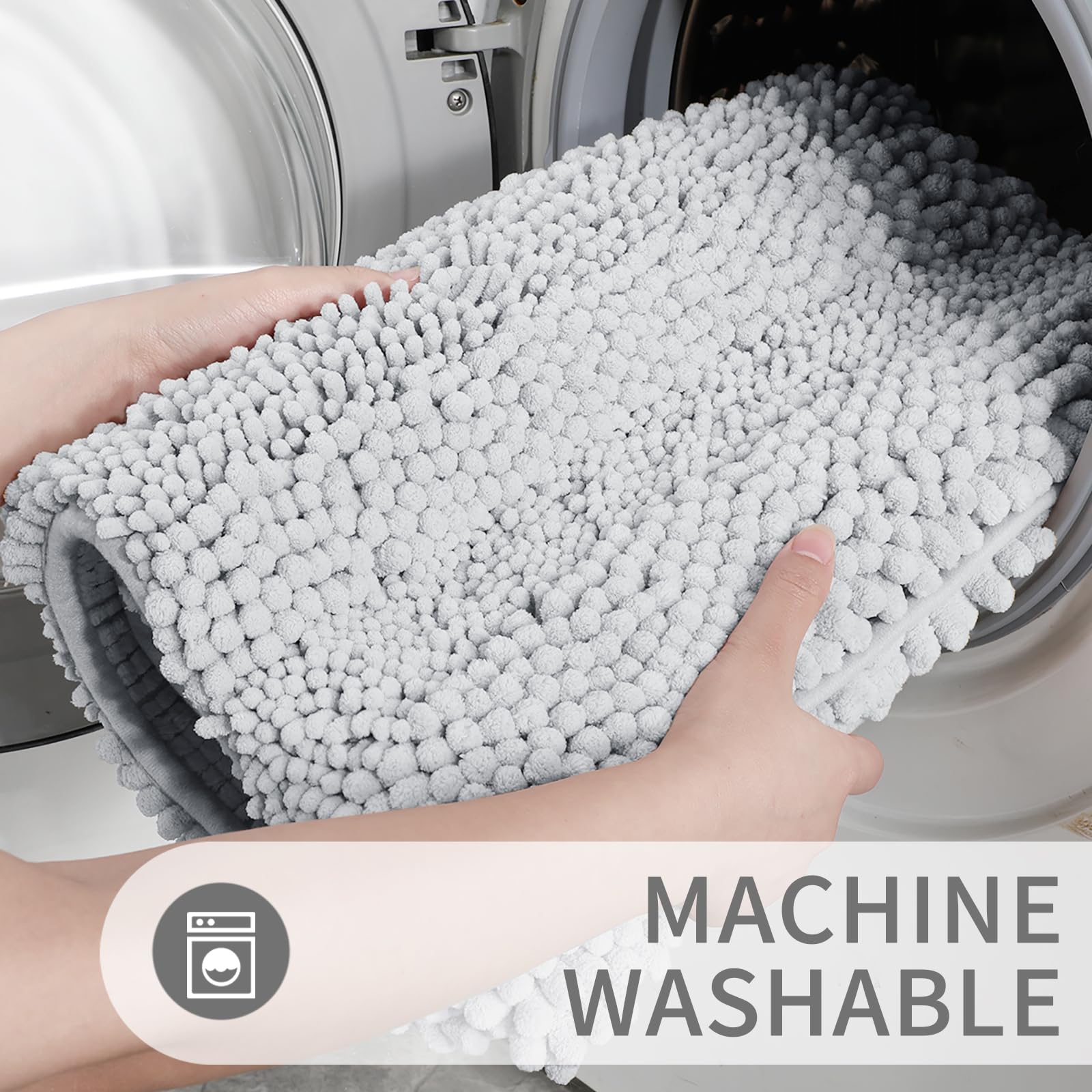 Luxury Chenille Bathroom Rugs Set of 2 - Extra Thick Non-Slip Quick Dry Bath Mats for Shower Floor, Soft Fluffy Microfiber Absorbent Machine Washable Bath Rugs (Silver Grey, 20
