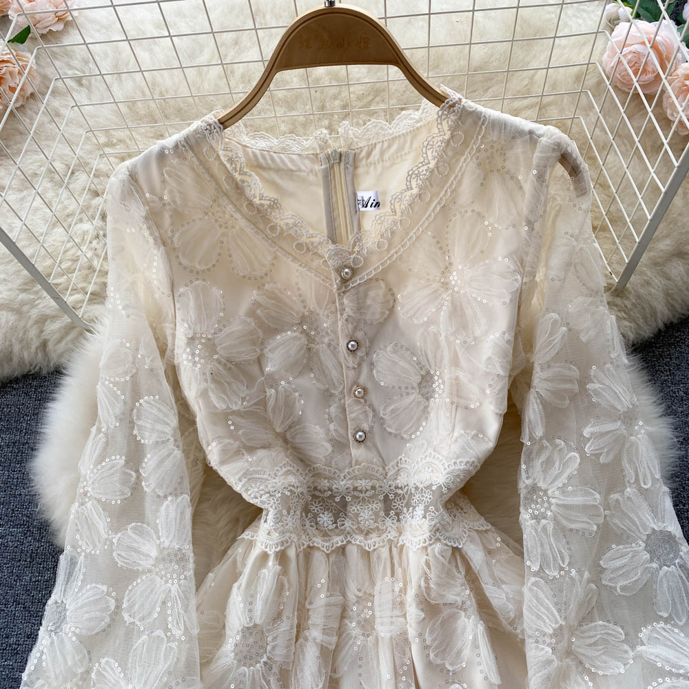 Elegant Long Sleeve A-Line V-Neck Lace Dress for Women - Perfect for Weddings, Parties & Special Occasions