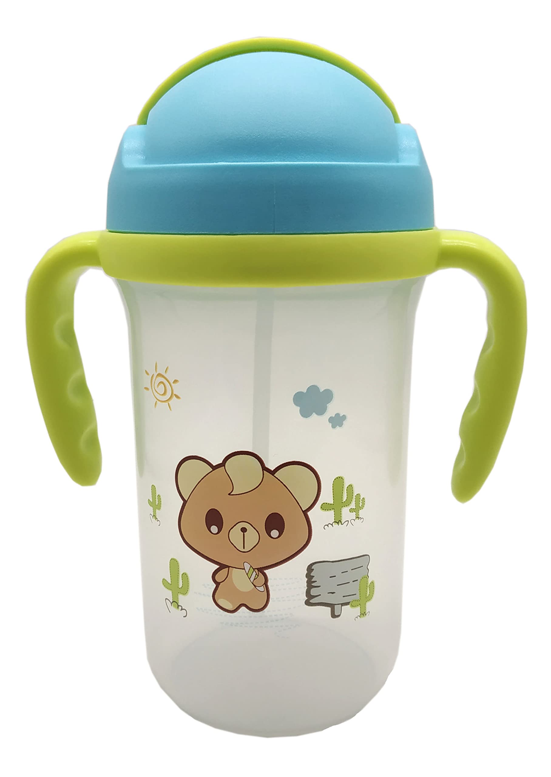 **Leakproof BPA-Free Baby Sipper Bottle with Straw - Durable Twin Handle Non-Toxic Water Bottle for Kids (Girls & Boys) - Cartoon Design, Green - Perfect for Travel, School & Outdoor Activities**