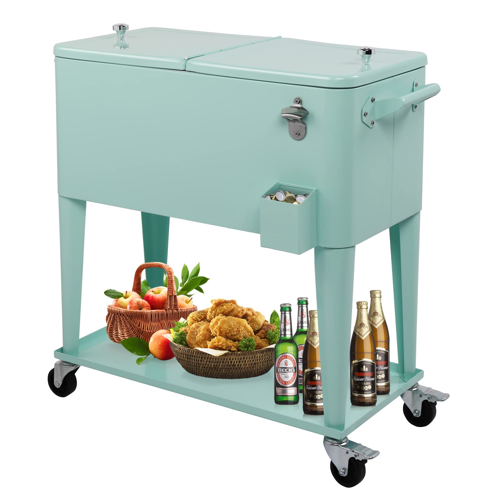 VINGLI 80 Quart Rolling Cooler with Wheels - Portable Outdoor Party Ice Chest for Drinks, Beverage Cooler Cart with Shelf, Bottle Opener & Water Pipe - Perfect for Backyard BBQs, Beach Trips, Camping and Tailgating Parties