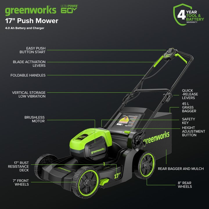 60V 17-Inch Cordless Battery Push Lawn Mower & 13-Inch String Trimmer Combo Kit with 4.0Ah Battery & Fast Charger - Perfect for Medium to Large Yards, Landscaping and Professional Lawn Care