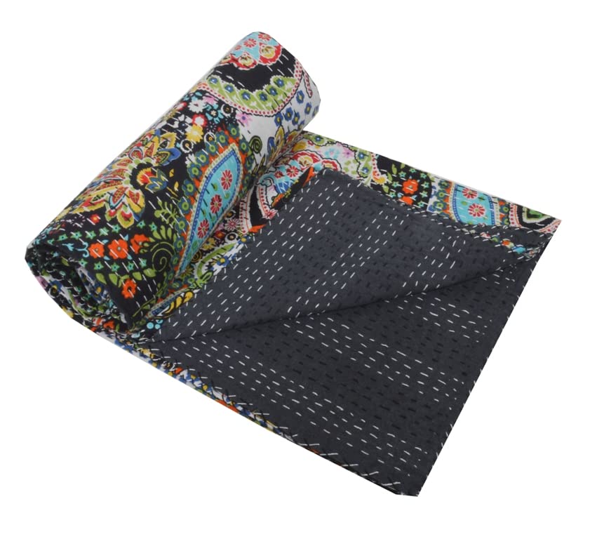 Handmade Indian Kantha Quilt - Cotton Block Print Throw Blanket | Super Soft Queen Size 90x108 Inch | Traditional Bedspread for Bedroom & Home Decor | Perfect for Cozy Nights, Guest Rooms & Boho Chic Styling (Black)