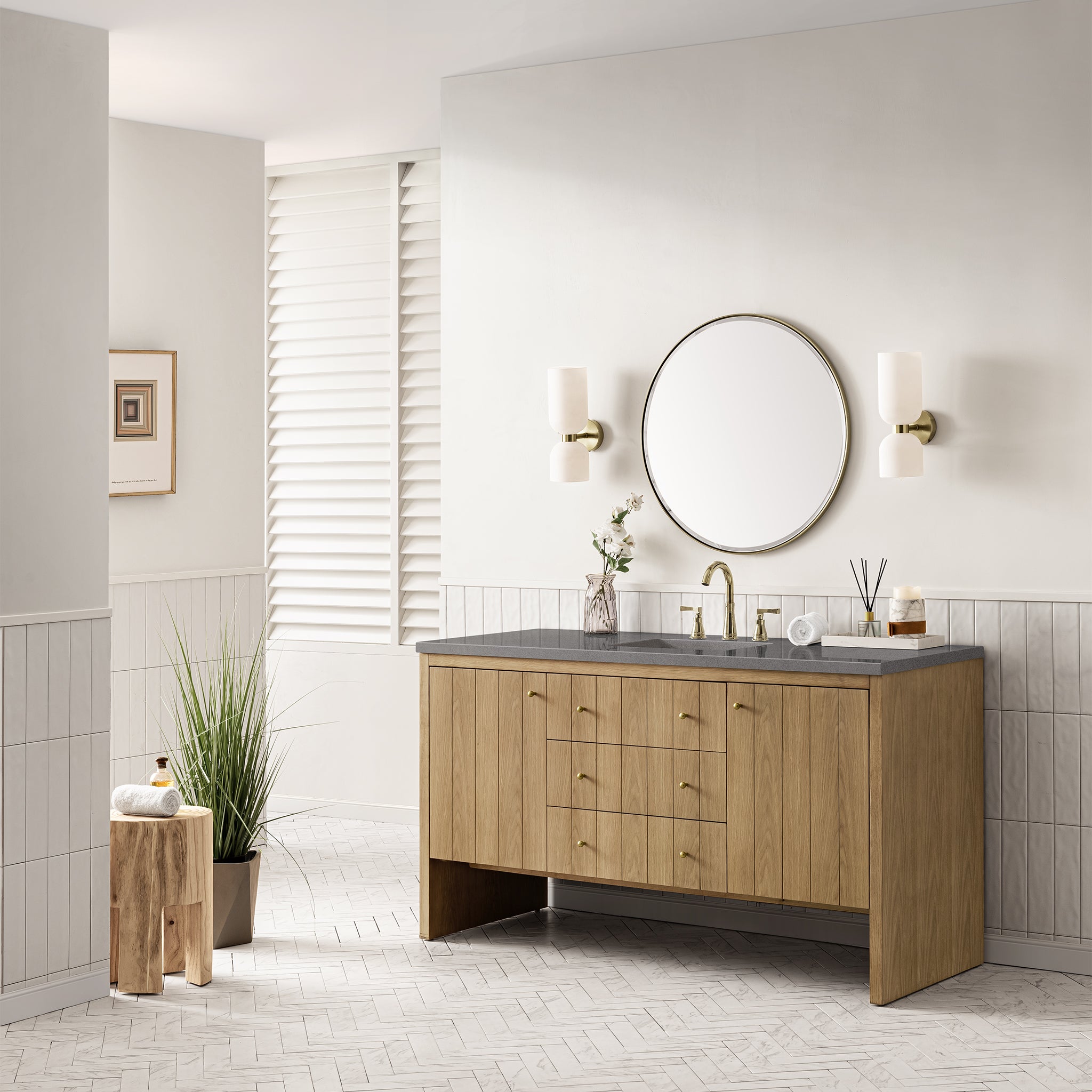Hudson 60 Inch Single Bathroom Vanity with Light Natural Oak Finish and 3CM Grey Expo Top - Perfect for Modern Bathroom Renovations and Home Upgrades