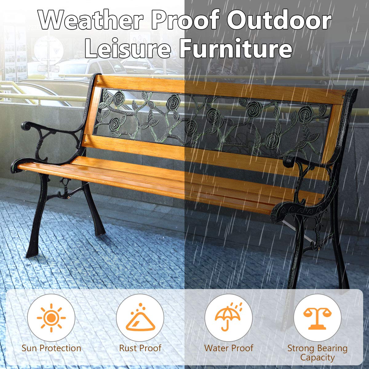 Giantex 50 Inch Patio Park Garden Bench - Outdoor Cast Iron Hardwood Frame Loveseat for 2 People - Perfect for Porch, Backyard, Garden & Outdoor Seating