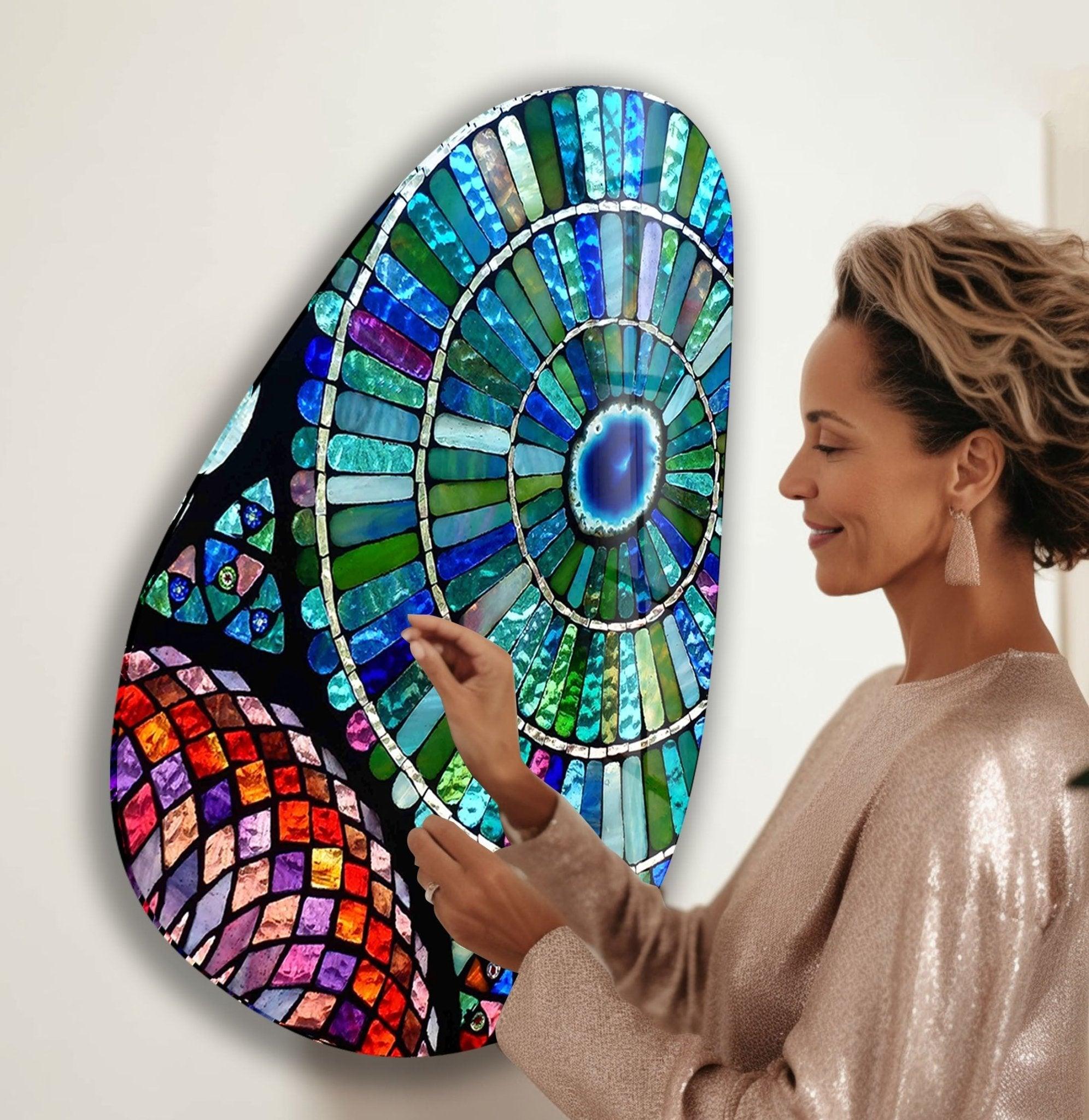 Handmade Asymmetrical Oval Stained Glass Wall Art in Blue & Green - Modern Home Decor for Living Room, Bedroom or Office