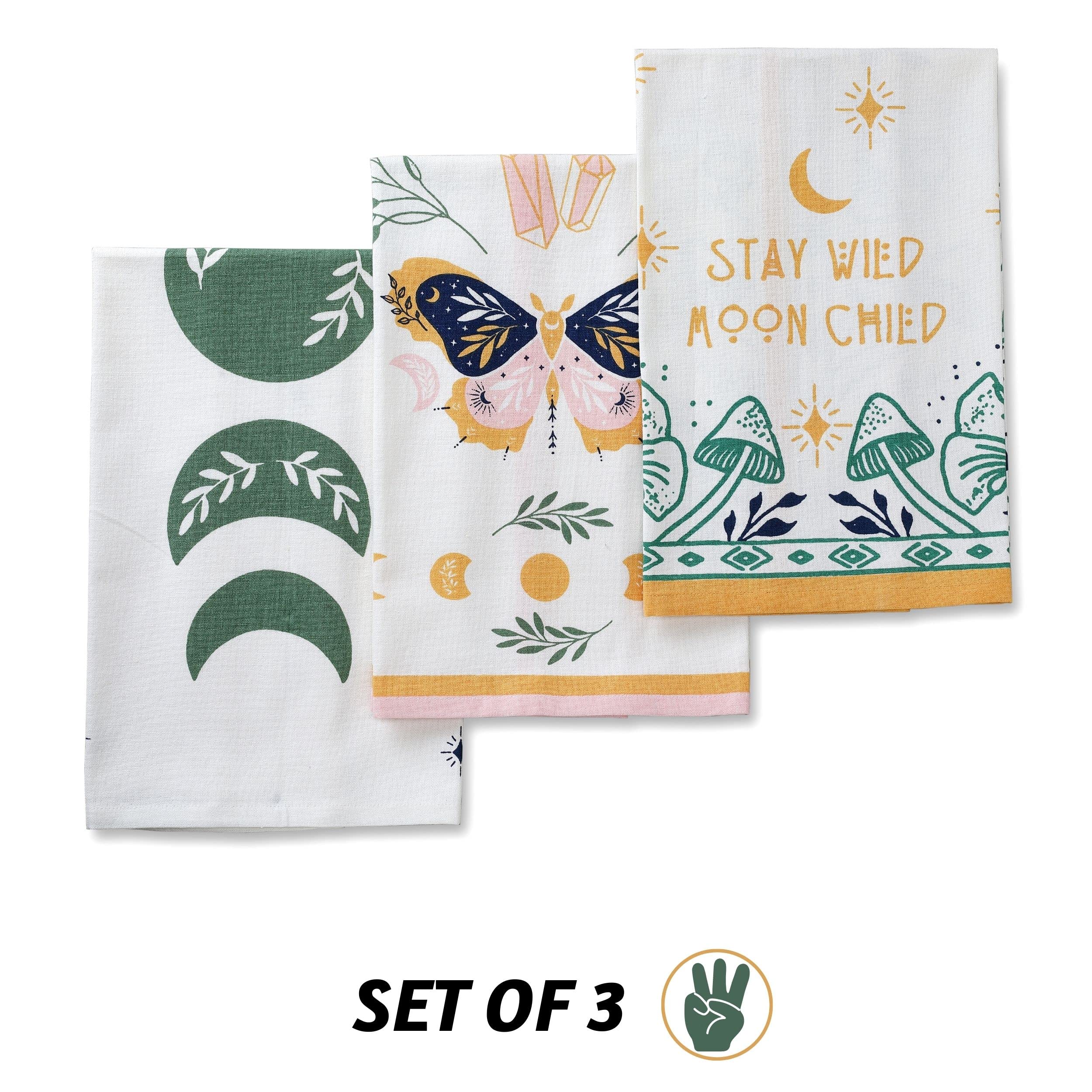 Folkulture Cotton Kitchen Towels Set of 3 - 20x26 Inch Absorbent Dish Towels & Dishcloths for Modern Kitchen, Valentine's Day Gifts for Her - Perfect for Drying Dishes, Decorating Home & Hostess Gifts