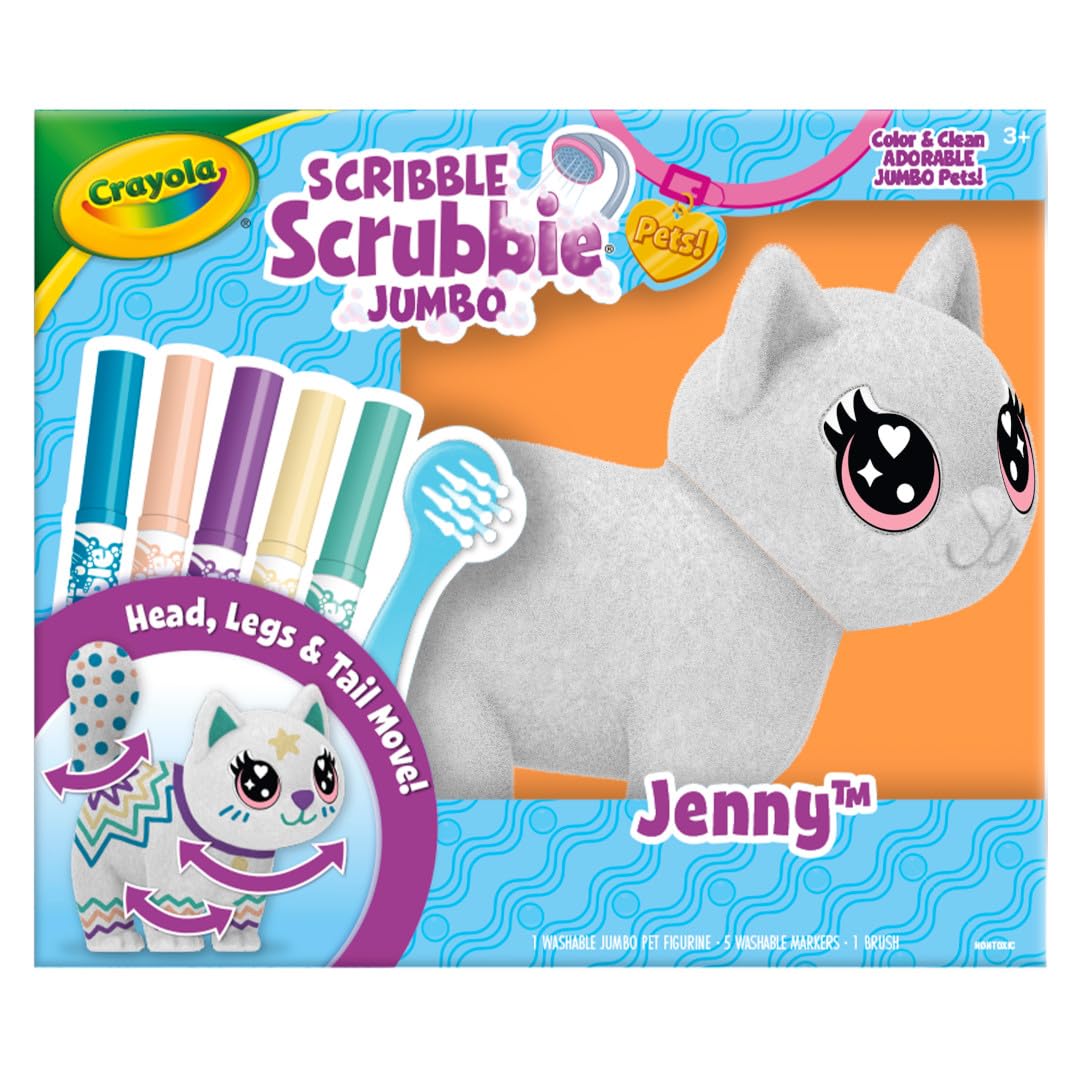 Crayola Scribble Scrubbie Jumbo - 6 Inch Large Posable Animal Toy Cat for Kids, Washable & Reusable Pet Grooming Playset - Perfect Gift for Boys & Girls | Bath Time, Pretend Play & Creative Learning Activity