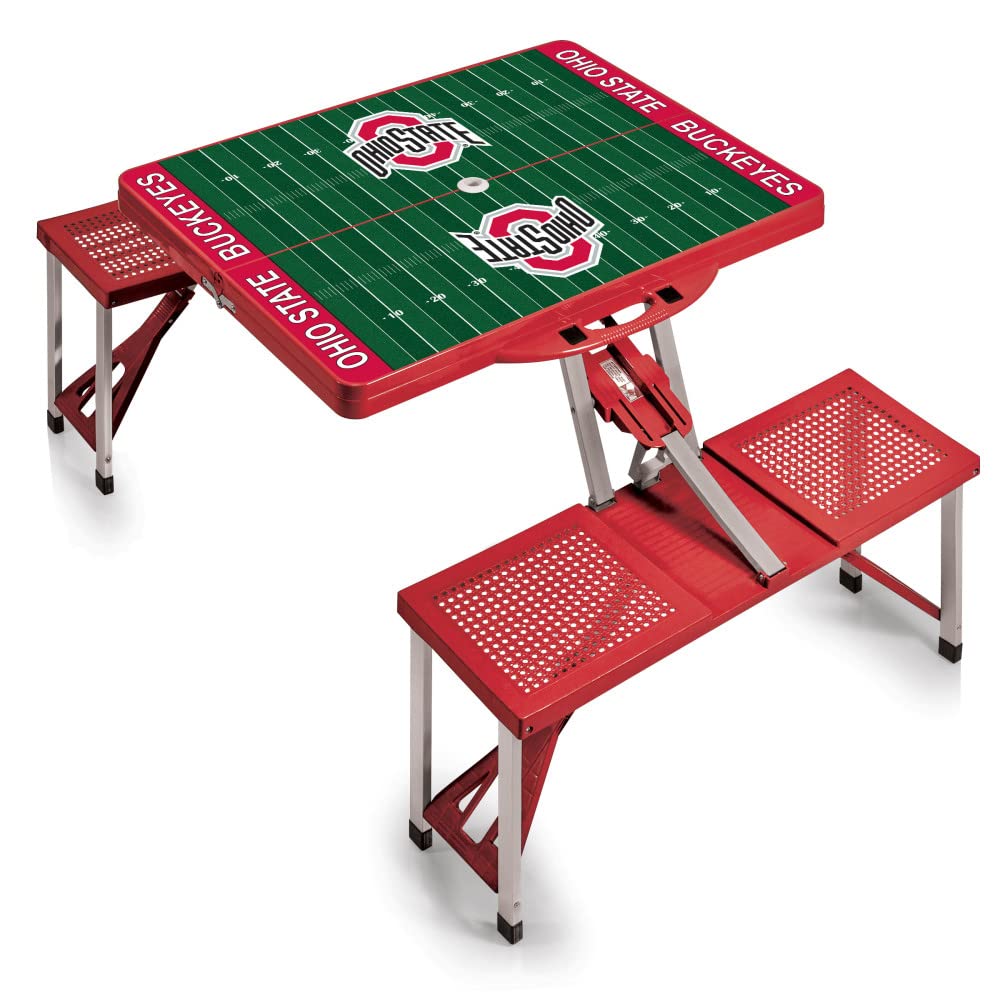 PICNIC TIME NCAA Ohio State Buckeyes Football Field Folding Picnic Table - Portable Camping Table with Umbrella Hole - Outdoor Dining & Tailgating Table (Red) - Perfect for Backyards, Parks, Beach & Game Day Parties
