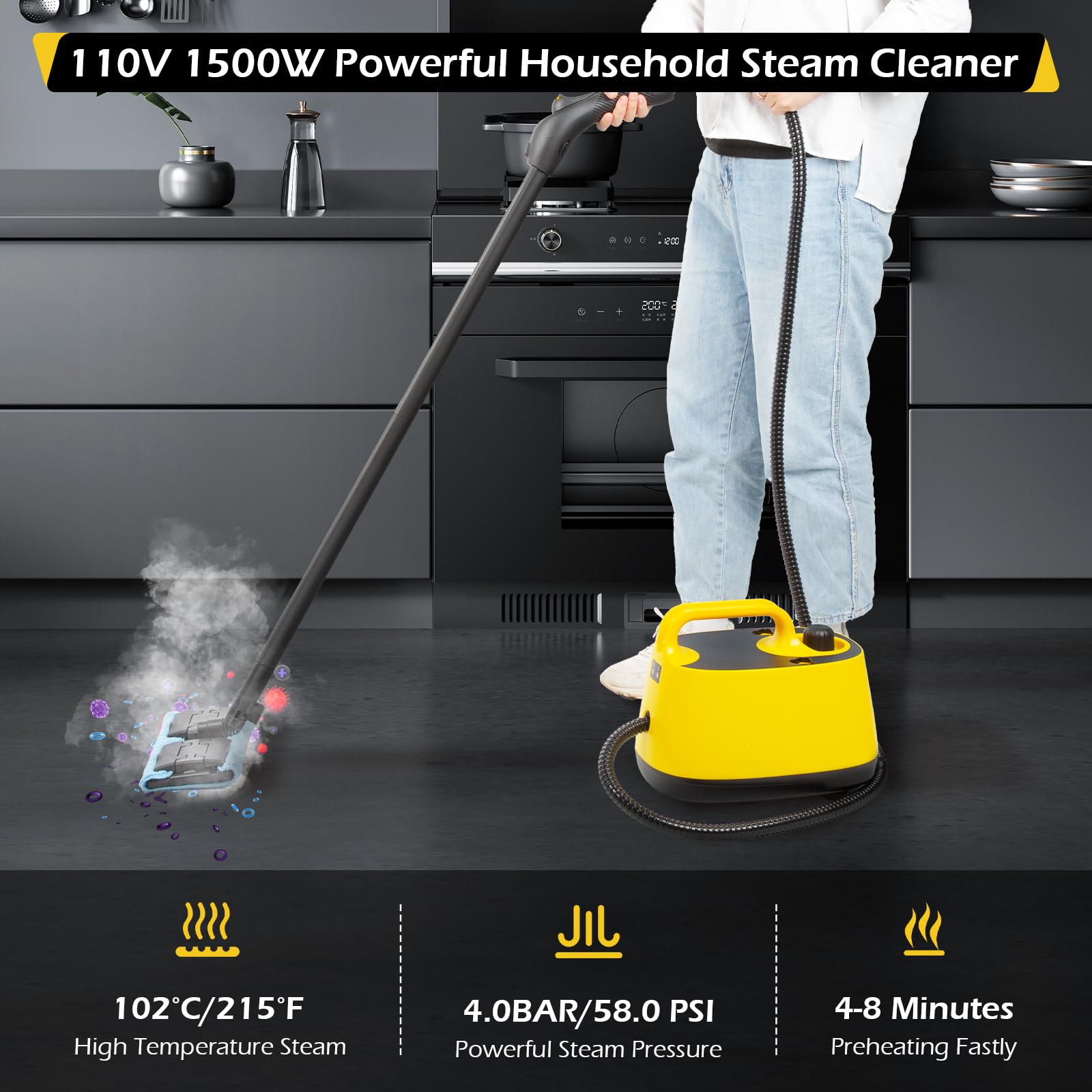 Dyna-Living 1500W High-Pressure Steam Cleaner with 1.5L Water Tank - Multi-Surface Floor & Car Steam Cleaner for Home, Auto Detailing & Deep Cleaning | Portable Steamer for Carpets, Upholstery, Tiles & Vehicle Interiors