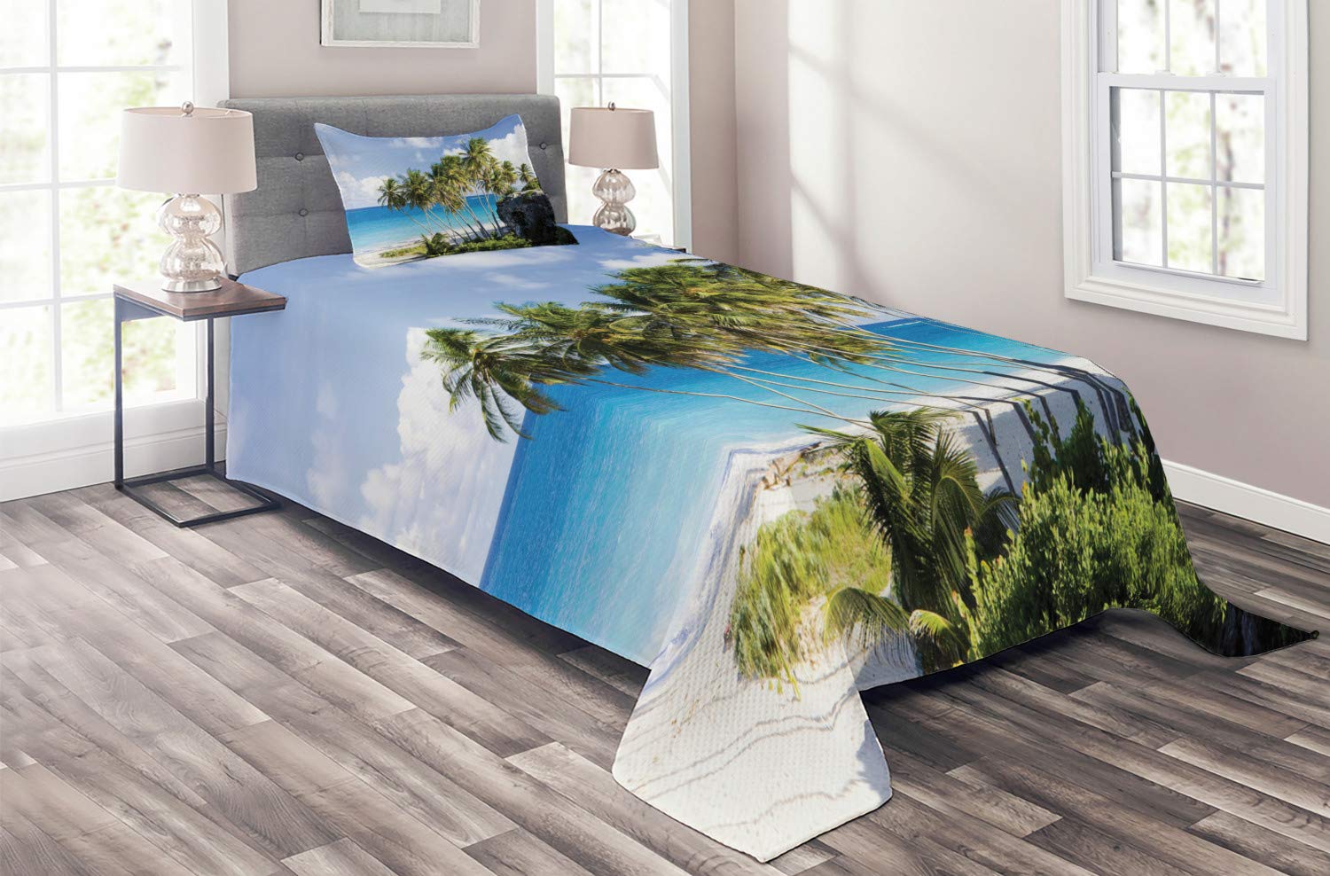 Ambesonne 2-Piece Quilted Bedspread Set with Pillow Sham - Twin Size, Cream Blue Caribbean Island Print with Palm Trees & Ocean View | Exotic Travel-Themed Bedding for Beach House, Vacation Rental, or Tropical Bedroom Decor
