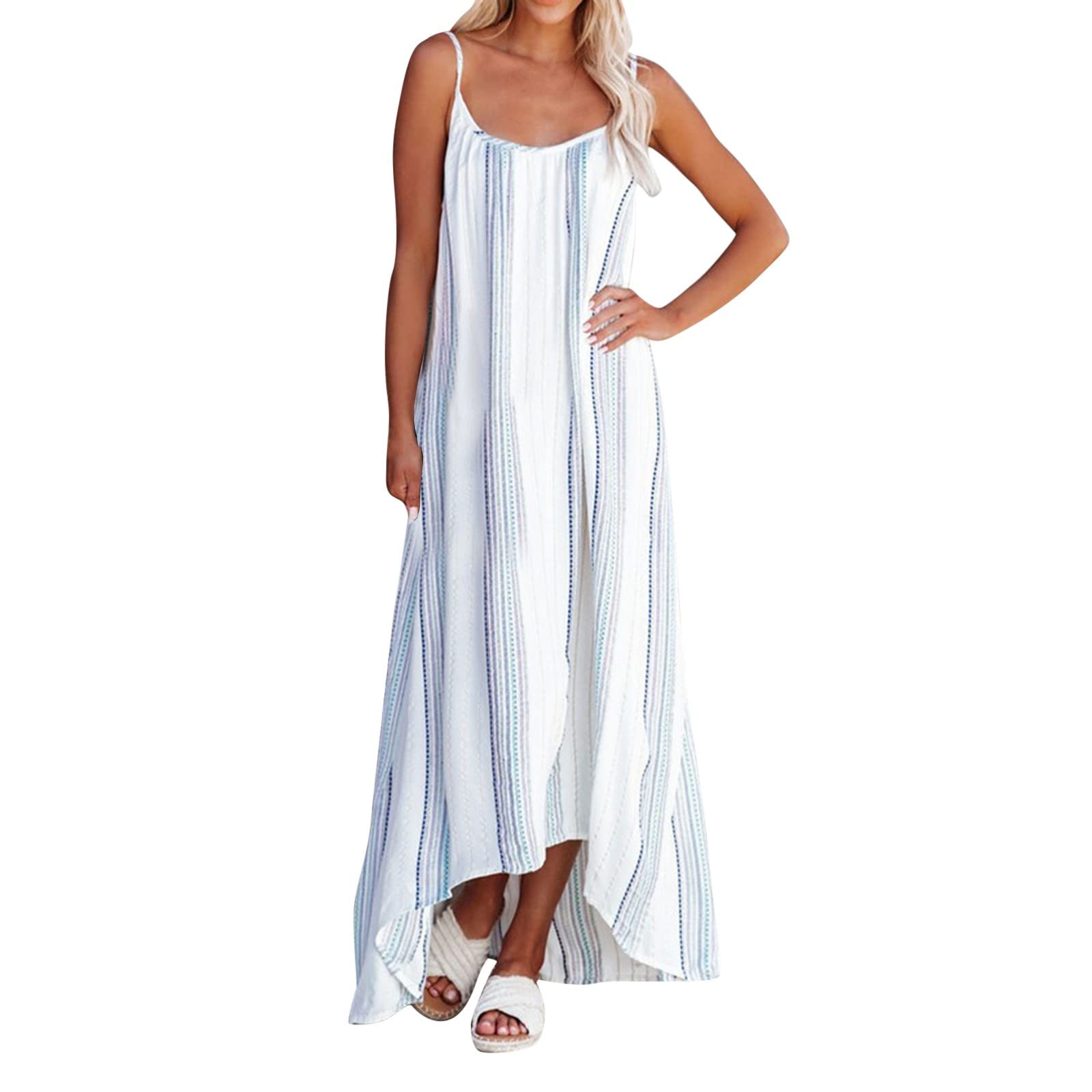 Women's Summer Vacation Dress - Sleeveless Striped Spaghetti Strap Maxi Dress with Asymmetrical Hem | Perfect for Beach Getaways, Street Fashion & Casual Outings