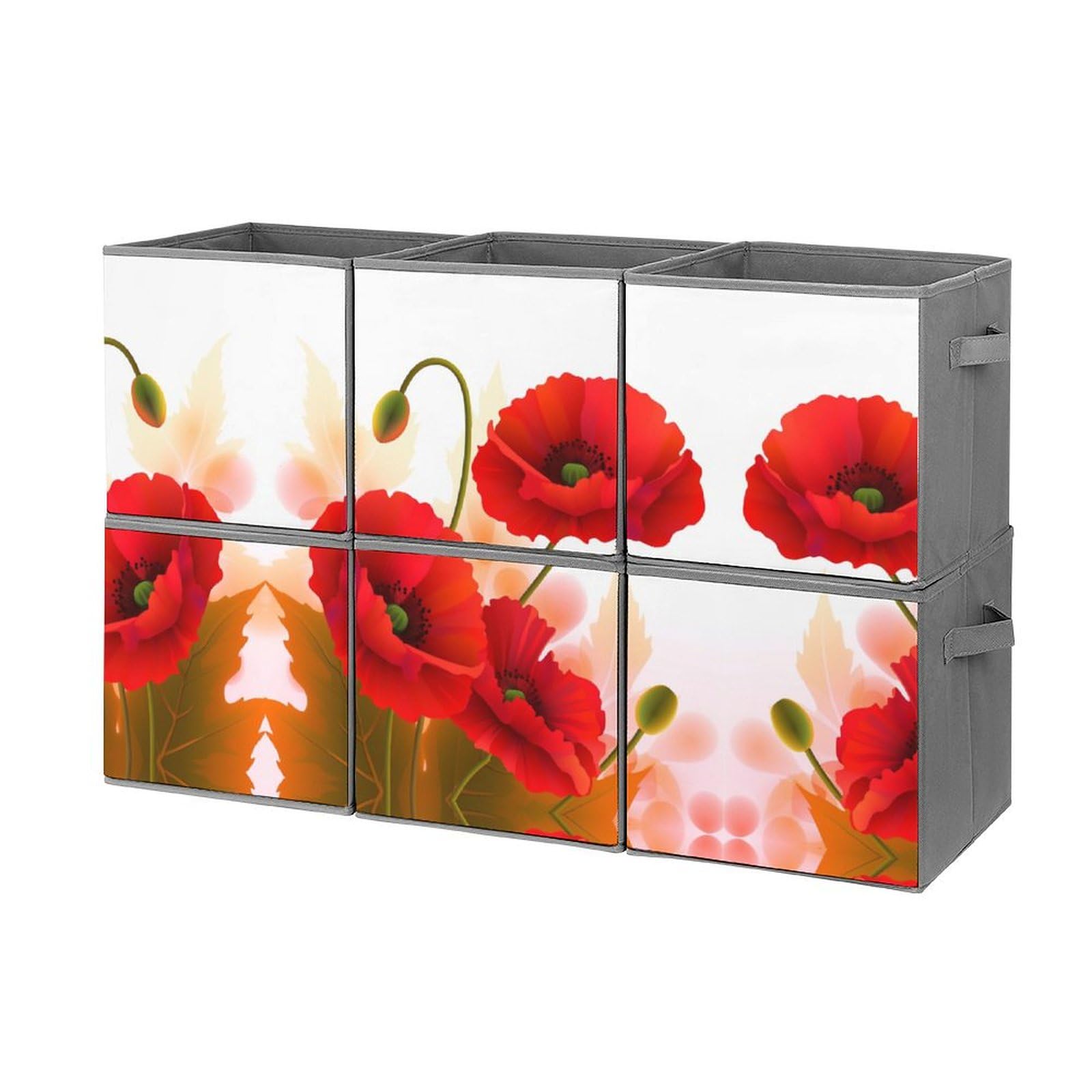 6-Pack Poppy Flower Print Collapsible Storage Bins with Handles - Large Closet Organizer Baskets for Clothing, Toys & Home Organization | Perfect for Bedroom, Nursery & Closet Storage