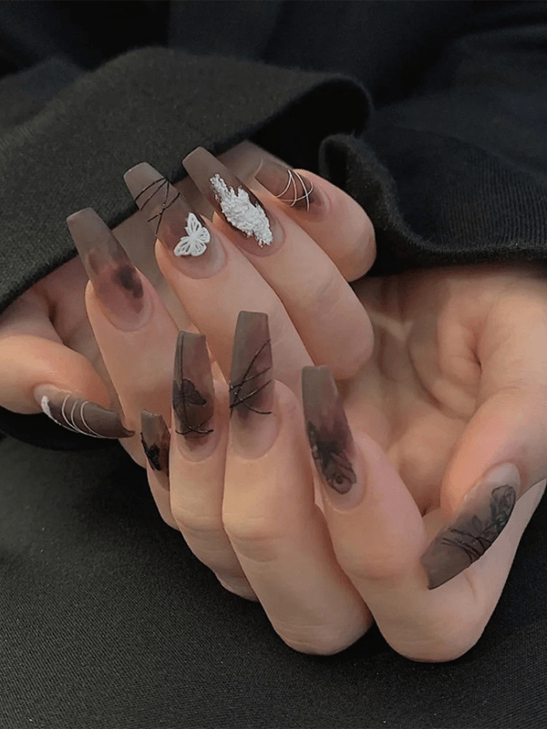 Lovevop Black Abstract Print False Nails - Press On Nails with Glue, Short Square Fake Nails for Women, Easy to Apply & Reusable - Perfect for Parties, Weddings, and Daily Wear