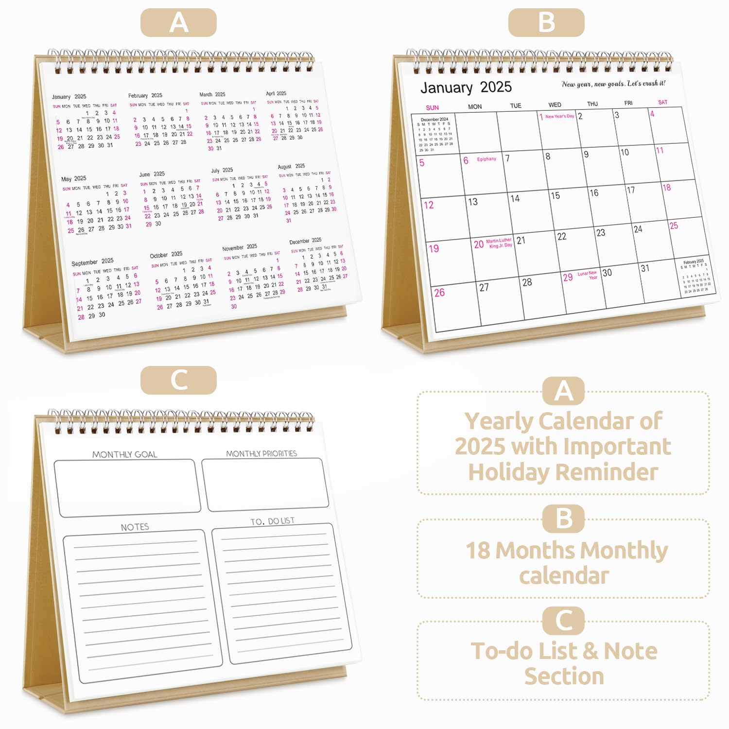 SKYDUE 2025-2026 18-Month Desk Calendar Planner (Jan 2025-Jun 2026) with Motivational Stickers - 8.5