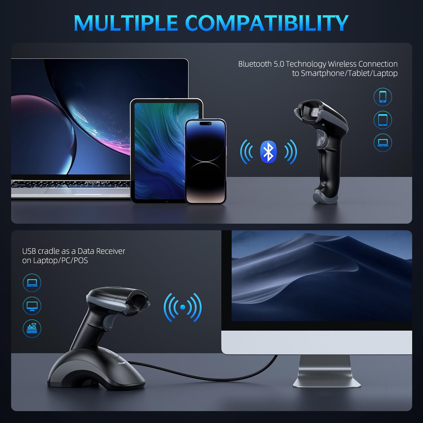TEEMI Wireless Bluetooth Barcode Scanner - QR & Barcode Reader with USB Cradle, Replaceable Battery, Hands-Free Auto Scanning & Advanced Data Parsing for Retail, Warehouse, and Inventory Management