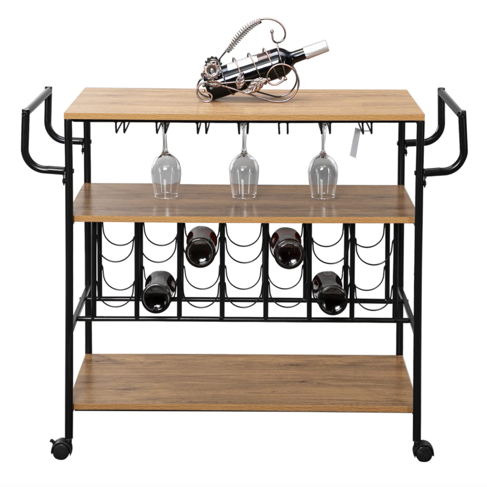 Sturdy Industrial Wine Rack Cart with 4 Wheels & Handles - Heavy Duty Mobile Bar Storage Shelf for Kitchen, Farmhouse, Restaurant - Rolling Serving Trolley with Wine Bottle Holder & Stemware Rack - Perfect for Home Entertaining, Wine Cellar Organization & Commercial Use