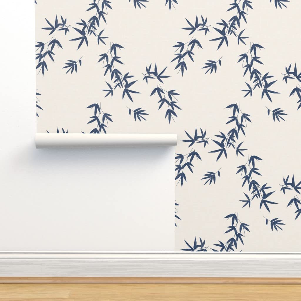 Removable Wallpaper Swatch - Blue Bamboo Leaves Botanical Print | Japanese Inspired Minimalist Design | Pre-Pasted Peel & Stick Wallpaper by Spoonflower | Perfect for Nursery, Bedroom, Office Decor