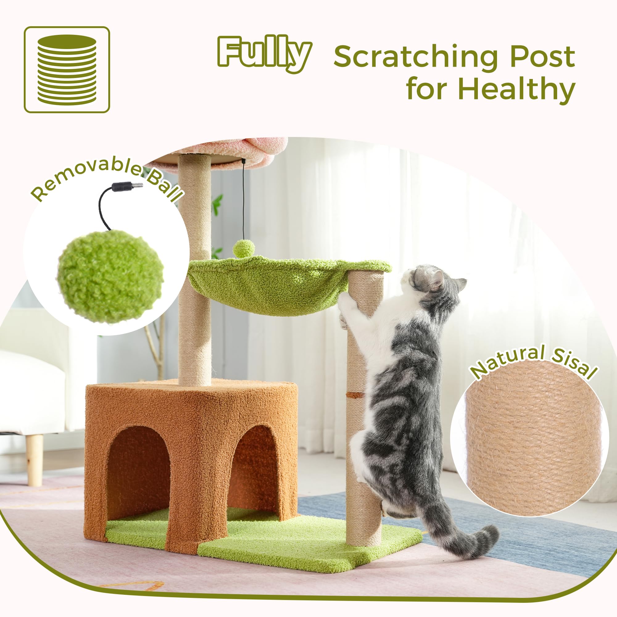 Small Cat Tree with Scratching Post & Hammock for Indoor Cats - Pink Play Space