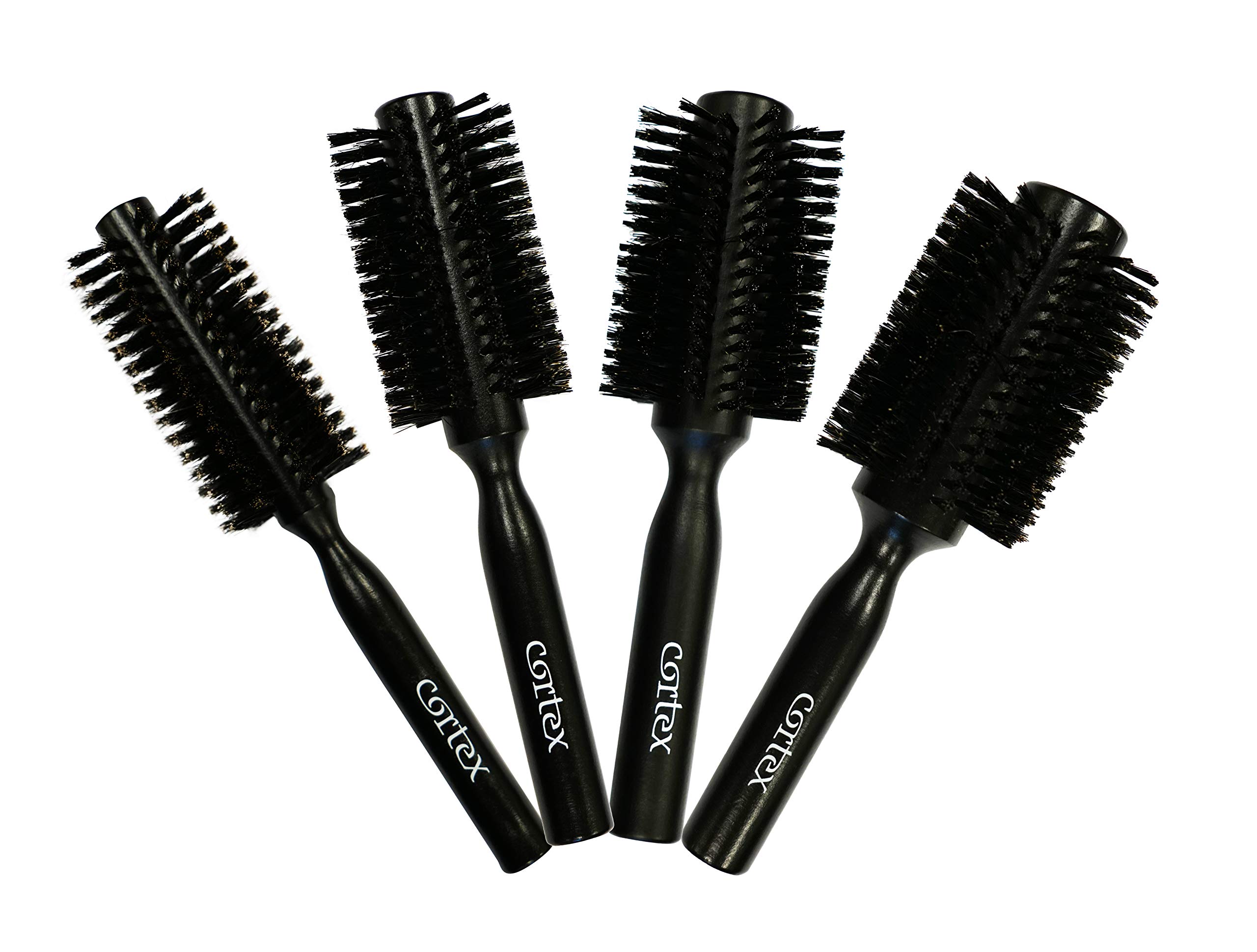 Natural Boar Bristle Round Hair Brush Set - Soft Wooden Brush for Straightening & Styling All Hair Types - Men & Women's Volumizing Hair Tool (4-Piece, Black) - Perfect for Salon Styling, Home Hair Care & Travel Essentials