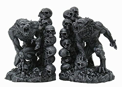 Fantasy Werewolf & Skull Bookends Set - Gothic Book Holder for Shelves, Office Decor, and Horror Novel Display - Heavy Duty Bookends for Bookshelf Organization