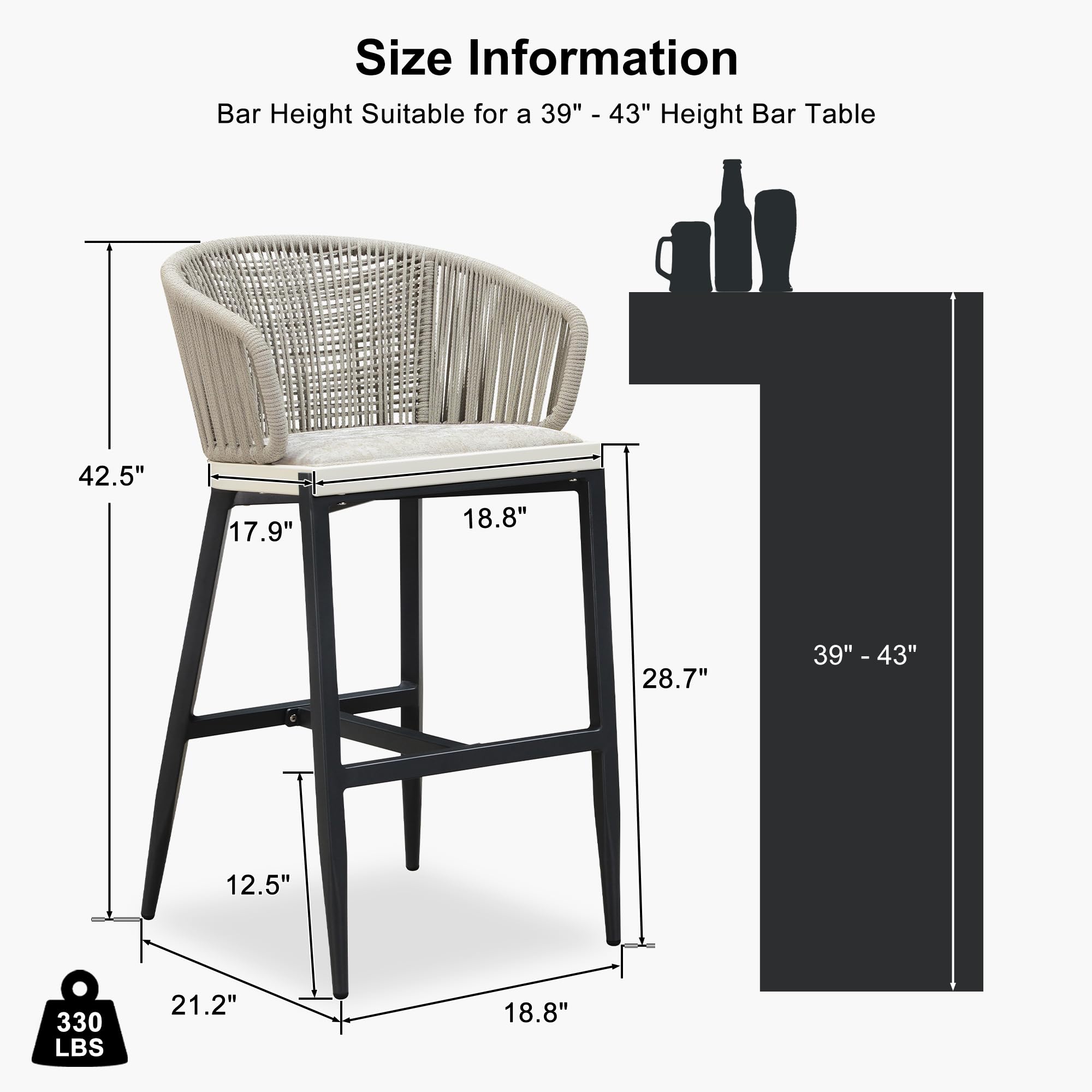 PURPLE LEAF Outdoor Rattan Bar Stools Set of 2 - Modern Patio Barstools with Wraparound Armrests, Metal Wicker Design for Kitchen Island, Garden & Indoor Use - Boho Style Aluminum Woven Bar Chairs (Gray) - Perfect for Backyard, Poolside & Dining Areas