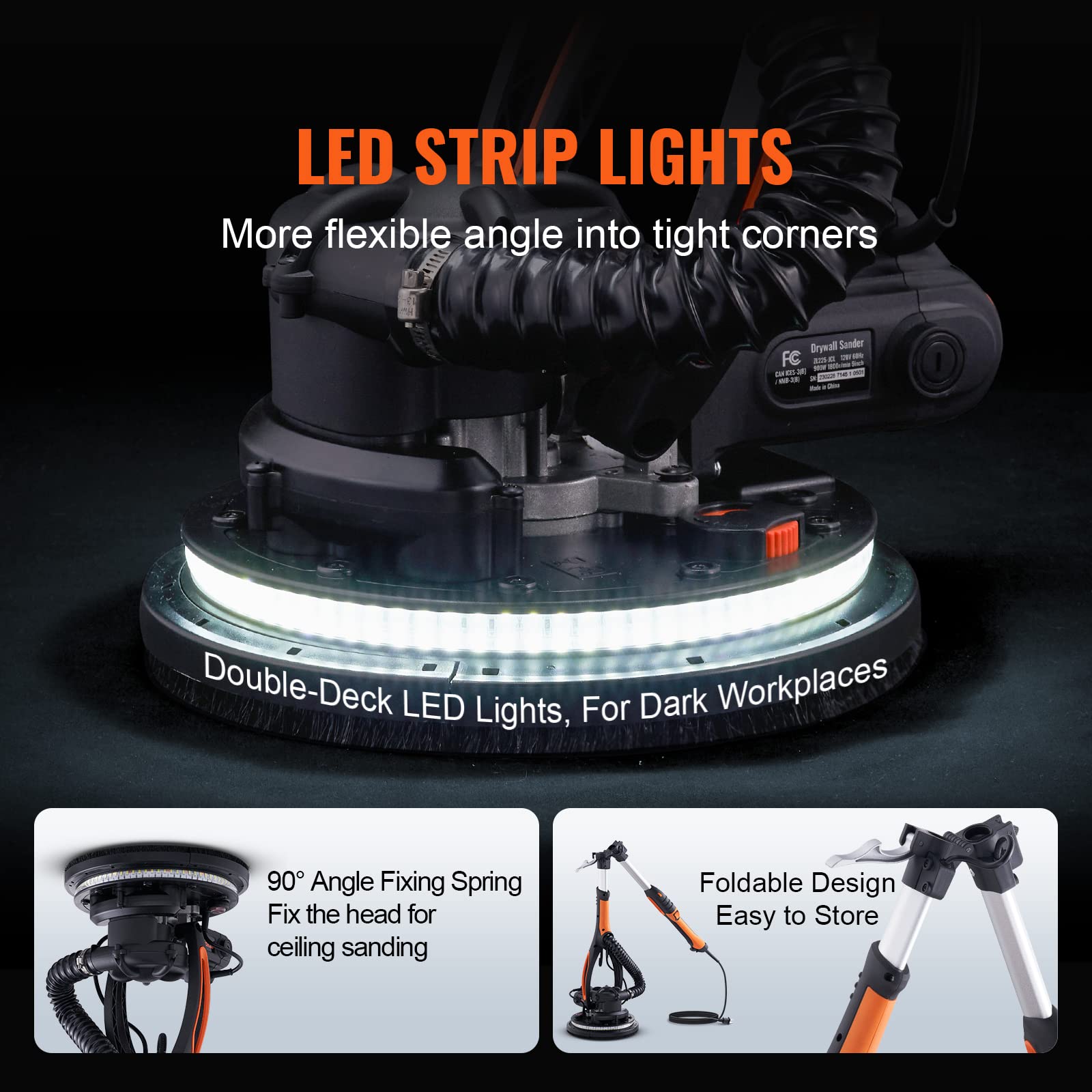 VEVOR 900W Electric Drywall Sander with 12 Sanding Discs, Variable Speed 800-1800 RPM, 3 Suction Ducts & Dust Bag - Foldable Ceiling Sander with Extendable Handle & 2 LED Lights for Wall and Ceiling Sanding - Perfect for Home Renovation, DIY Projects, and Professional Construction Work