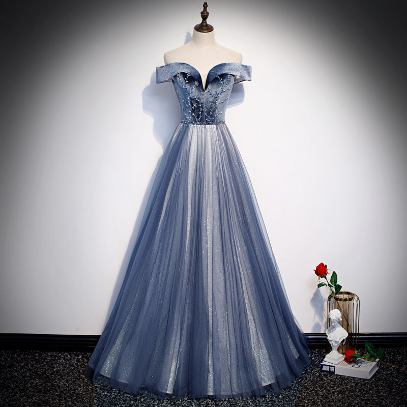 Elegant Off Shoulder Velvet Tulle Prom Dress with Beaded Details - Long Evening Gown for Homecoming, Ball & Formal Events - Size 155