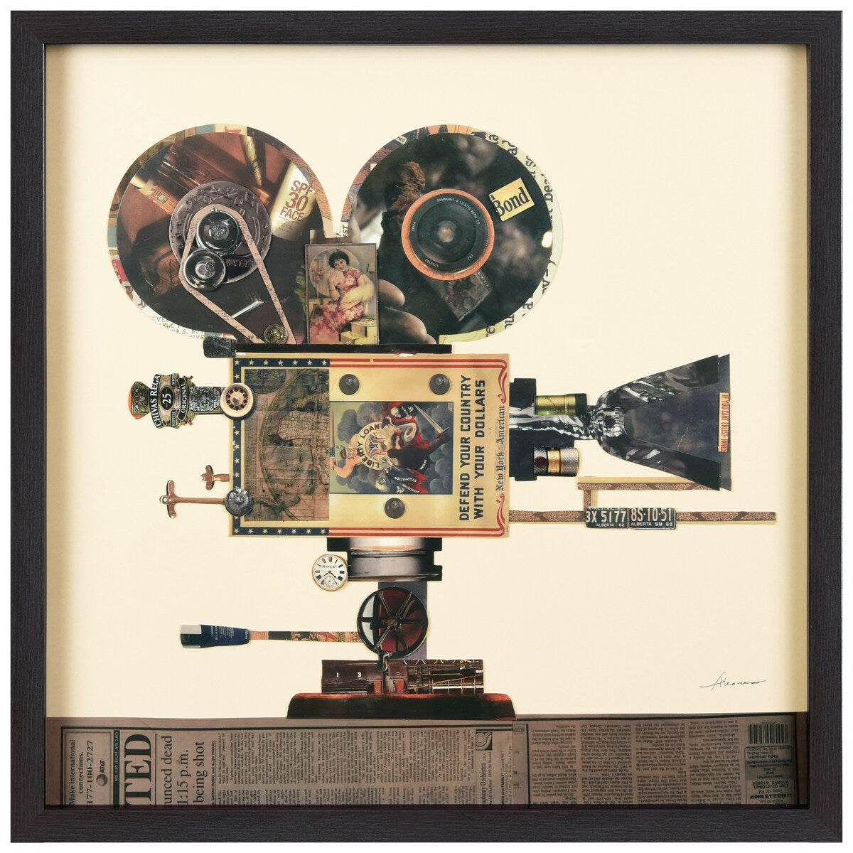 Vintage Film Projector - Alex Zeng's 3D Collage Artwork Under Glass with Black Shadow Box Frame - Perfect for Home Theater Decor, Movie Memorabilia Display & Vintage Collectibles