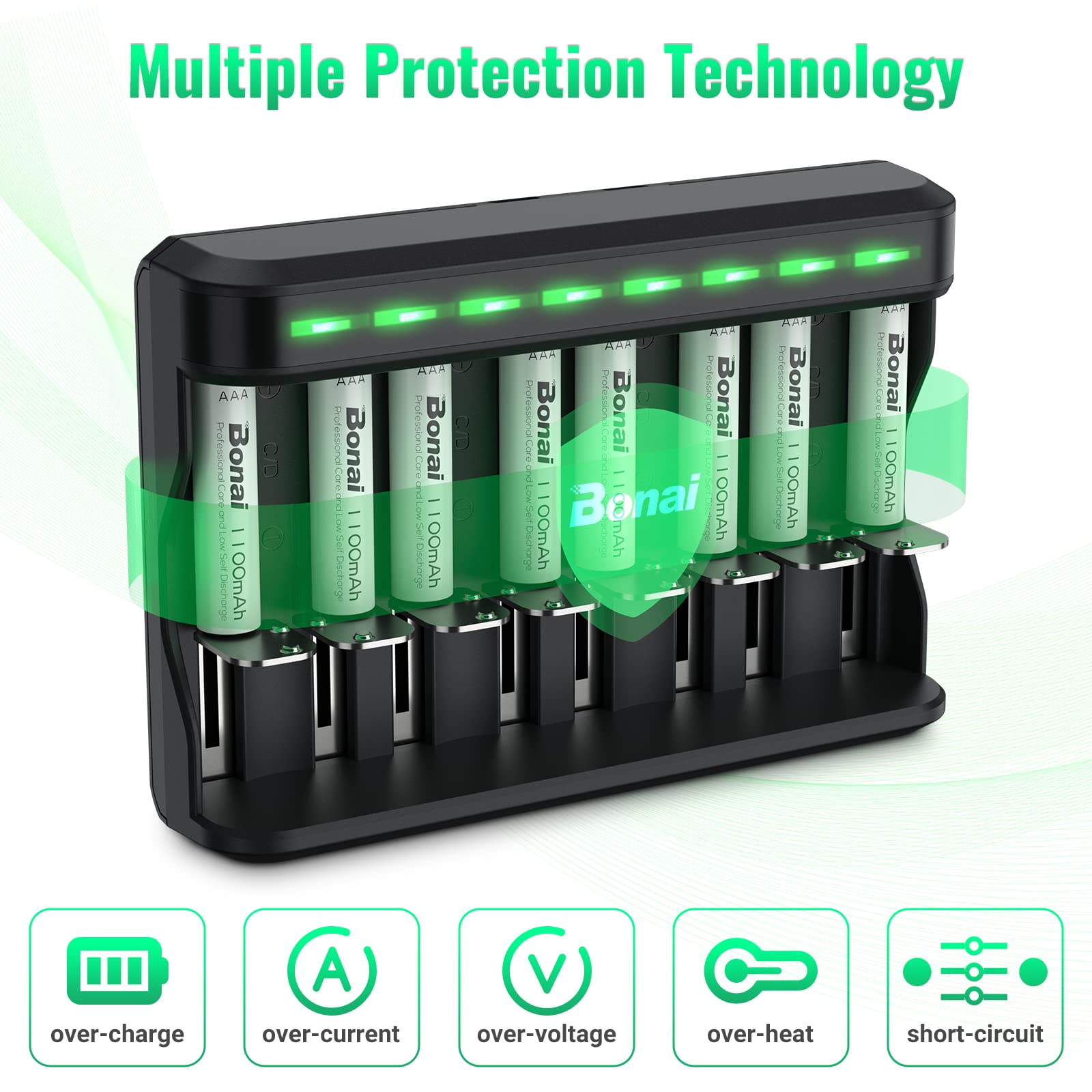 BONAI Rechargeable AAA Batteries 8-Pack 1100mAh with 8 Bay Fast Charger - NiMH/NiCD Battery Charger for AA AAA C D Batteries - Perfect for Cameras, Toys, Flashlights & Electronic Devices