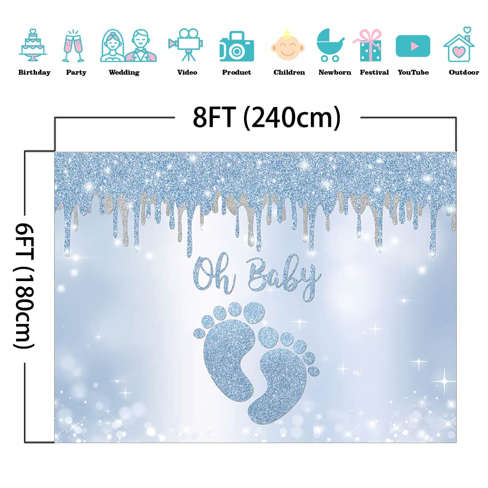 Blue Silver Oh Baby Backdrop with Little Feet - 8x6ft Baby Shower Background for Boys, Footprint Party Decor, Photo Booth Banner - Perfect for Baby Showers, Gender Reveals & Newborn Photography