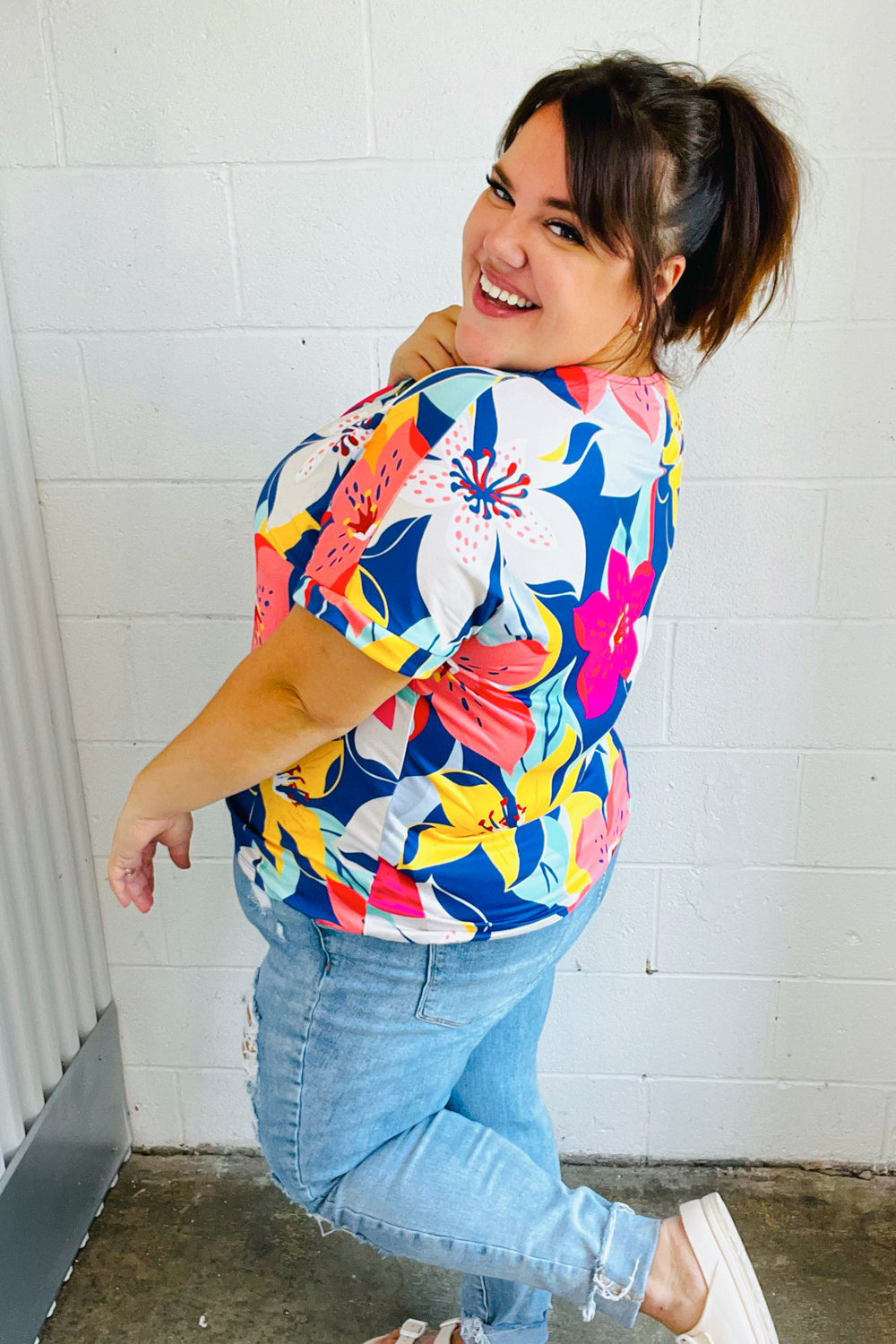 Navy & Yellow Tropical Floral V-Neck Blouse for Women - Summer Beach Vacation Outfit, Casual Boho Chic Top for Parties & Date Nights