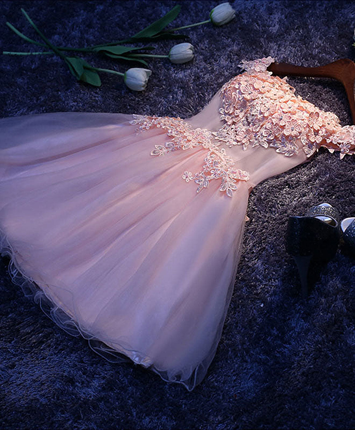 Elegant Pink A-Line Tulle Lace Short Prom Dress for Homecoming, Party, and Special Occasions | Perfect for Dances, Weddings, and Formal Events
