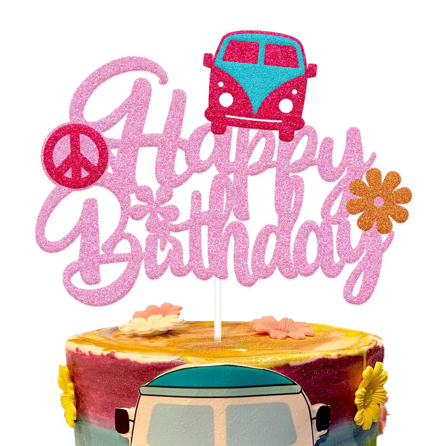 Groovy Hippie Cake Topper - Happy Birthday Boho Flower Decorations for Women & Girls | 60s Theme Party Supplies | Perfect for Hippie Birthday Cakes, Boho Baby Showers & Retro Celebrations