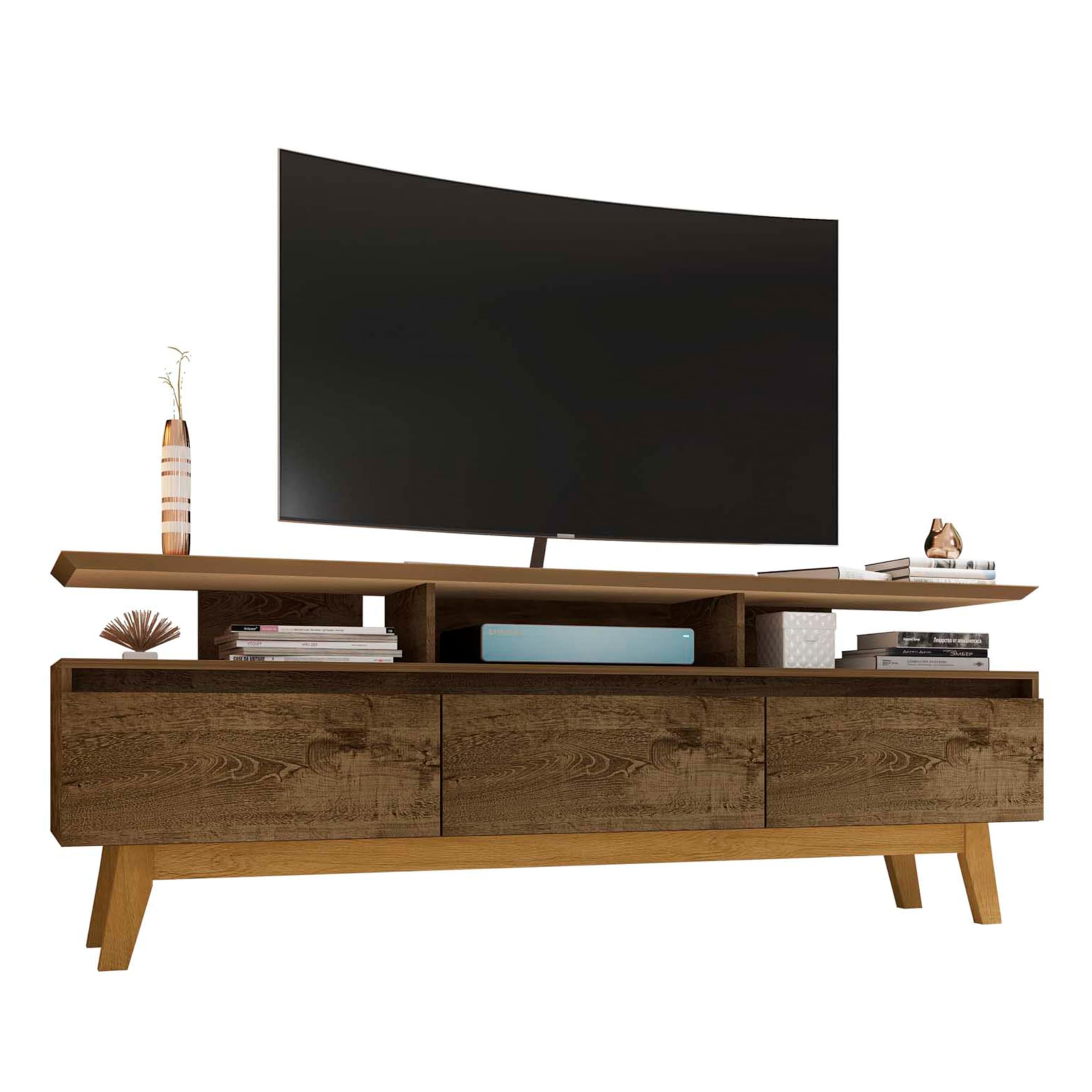 Mid Century Modern TV Stand with Storage - 71 Inch Rustic Brown Media Console, 3 Flip Down Doors & Wire Management Hole, Fits 60