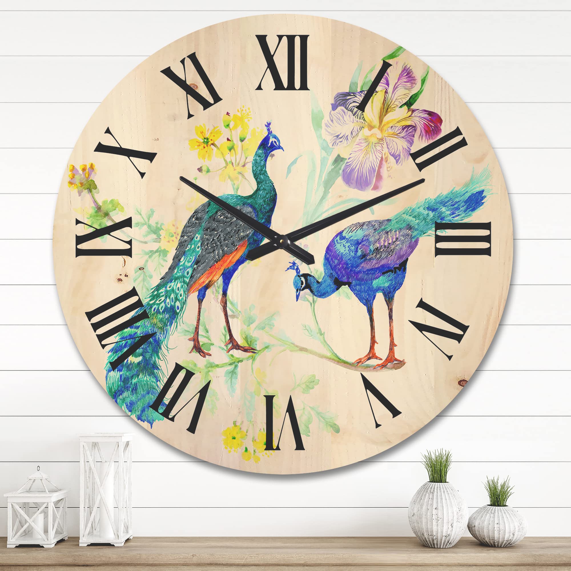 DesignQ 'Iris Flowers and Peacocks' Large Traditional Wood Wall Clock - Oversized Decorative Animal Wall Clock for Living Room, Bedroom & Office Décor - Perfect for Home, Office and Gift Giving