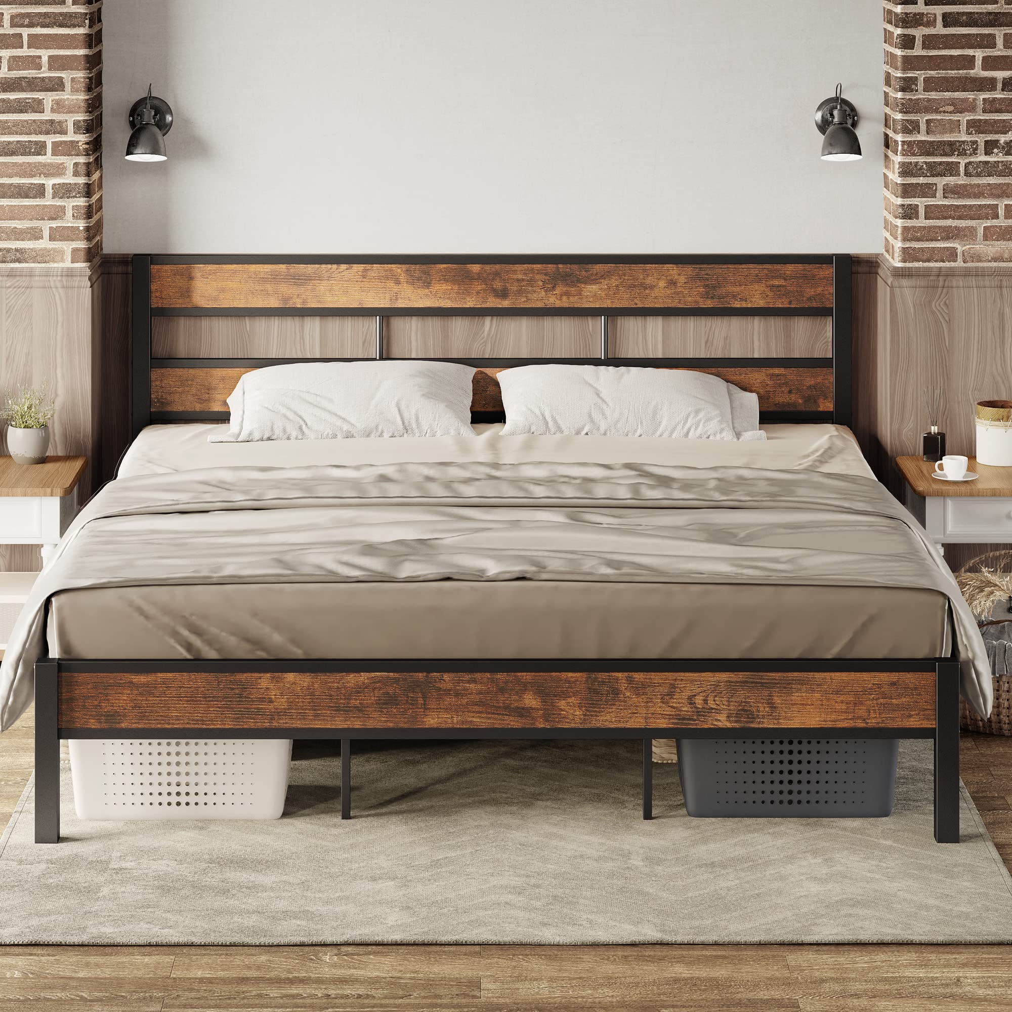 LIKIMIO King Size Bed Frame with Headboard - Easy Assembly, Sturdy Metal Frame, Noise-Free Design, No Box Spring Required (Vintage Brown) - Perfect for Master Bedrooms, Guest Rooms & Modern Home Decor