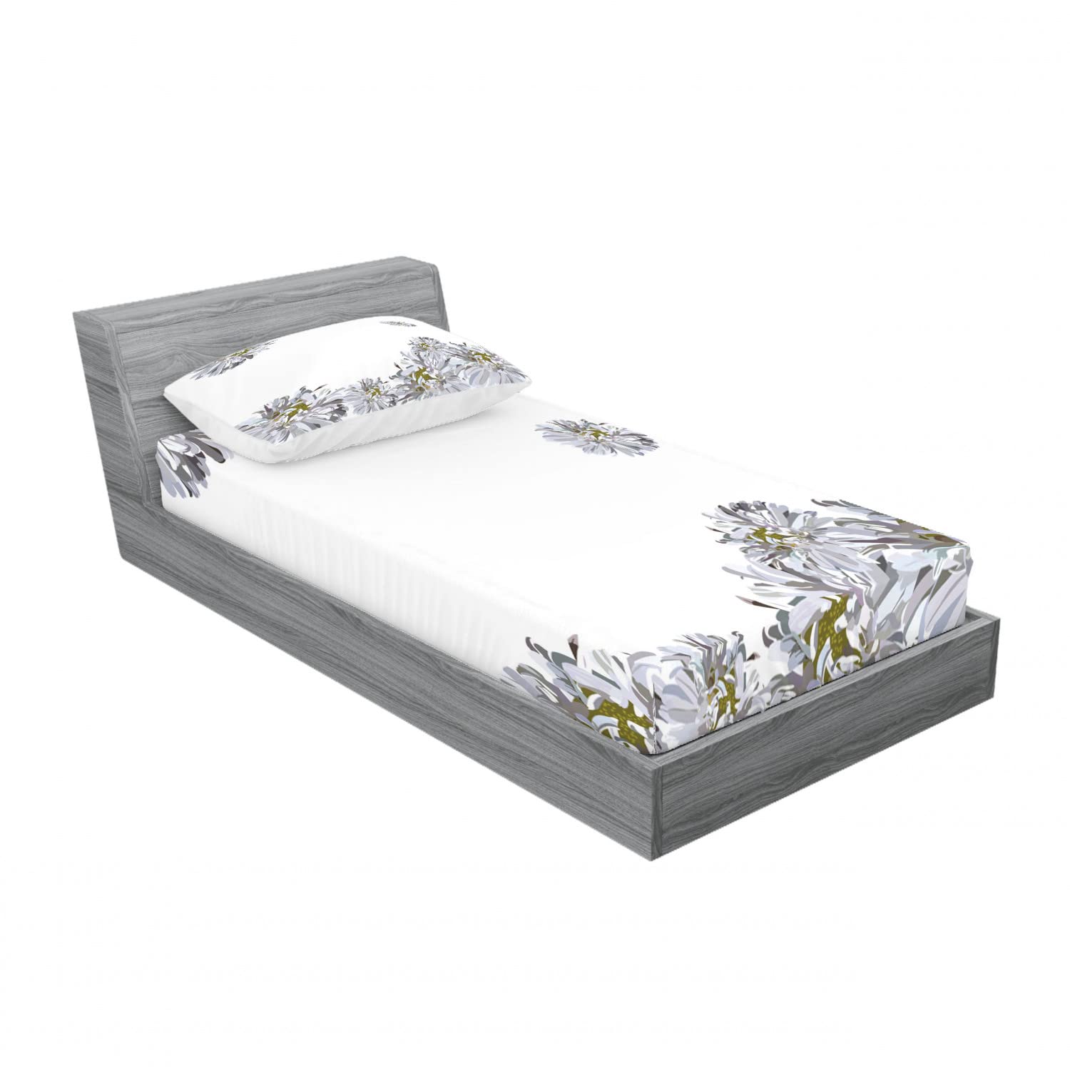 Ambesonne 2-Pack Twin XL Fitted Sheet & Pillow Sham Set - Chamomile Spring Floral Pattern, 4-Piece Bedding Decor in Grey Mustard | Soft & Breathable for Guest Rooms, Dorms, or Seasonal Bedding Refresh