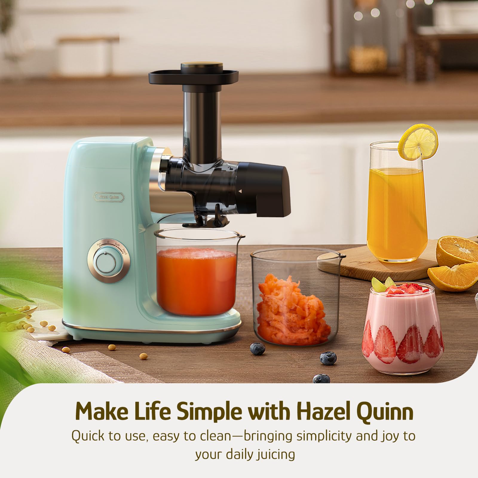 Hazel Quinn Slow Masticating Juicer - Cold Press Juicer for Fruits & Vegetables, BPA-Free, Easy Clean, 2-Speed & Reverse Function, Ultra Quiet, Dishwasher Safe - Perfect for Healthy Juicing at Home or Office