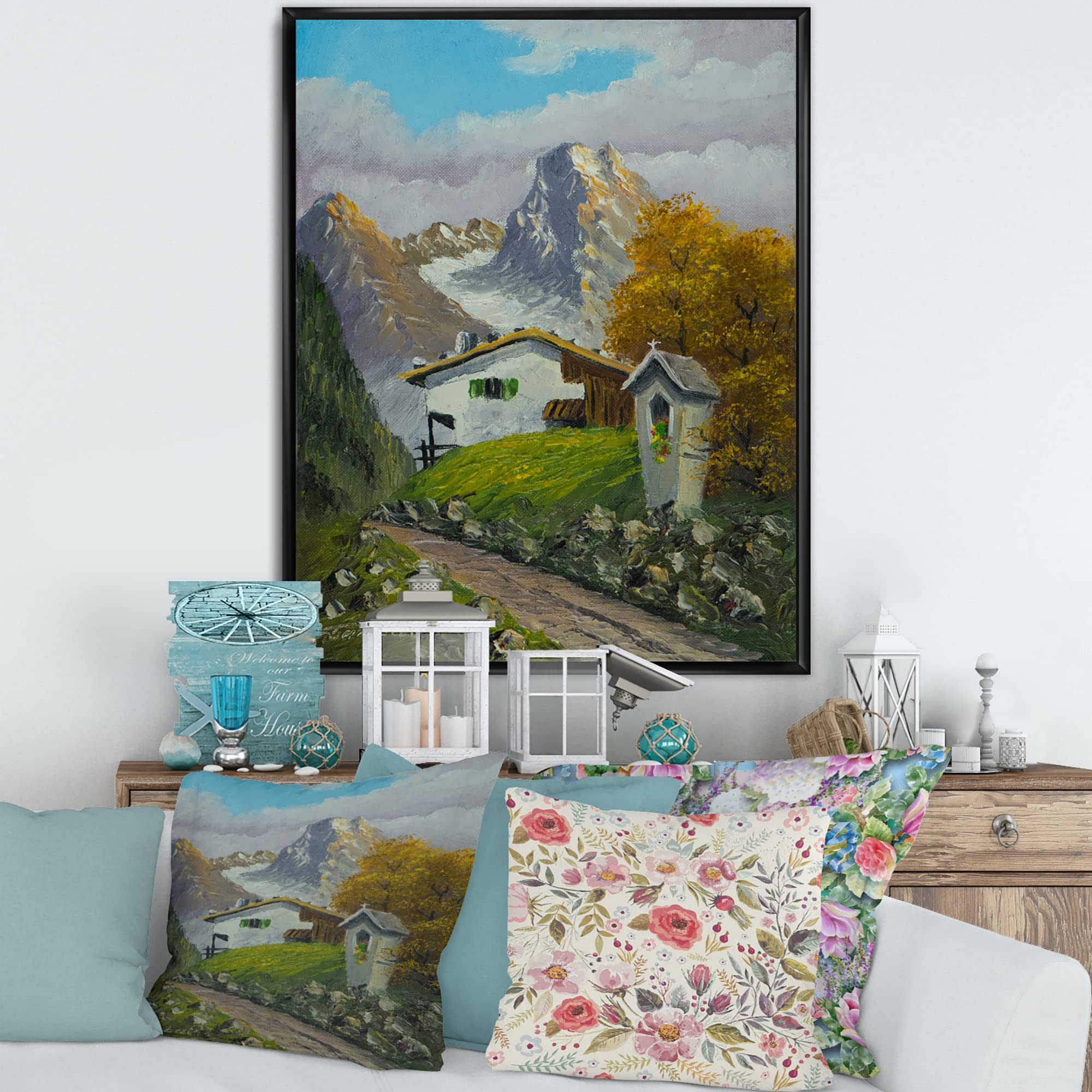 Farmhouse Framed Canvas Wall Art Print - DesignQ Wayside Shrine Landscape Painting for Home & Office Decor | Perfect for Living Room, Bedroom, Entryway