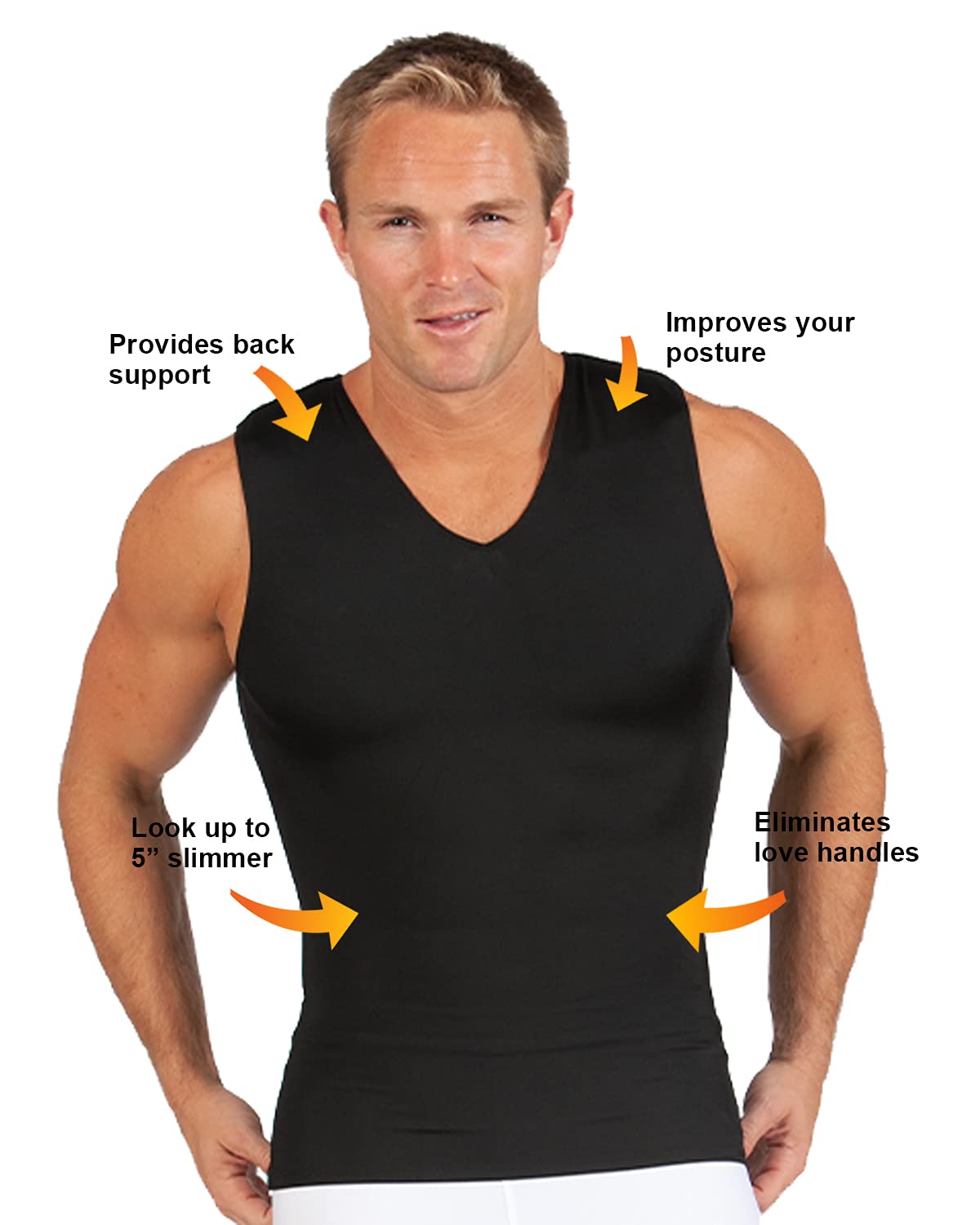 Insta Slim Men's Compression Body Shaper - 3 Pack Sleeveless V-Neck Shirt for Back Support, Gynecomastia & Hernias - Made in USA - Perfect for Workouts, Post-Surgery Recovery & Everyday Comfort