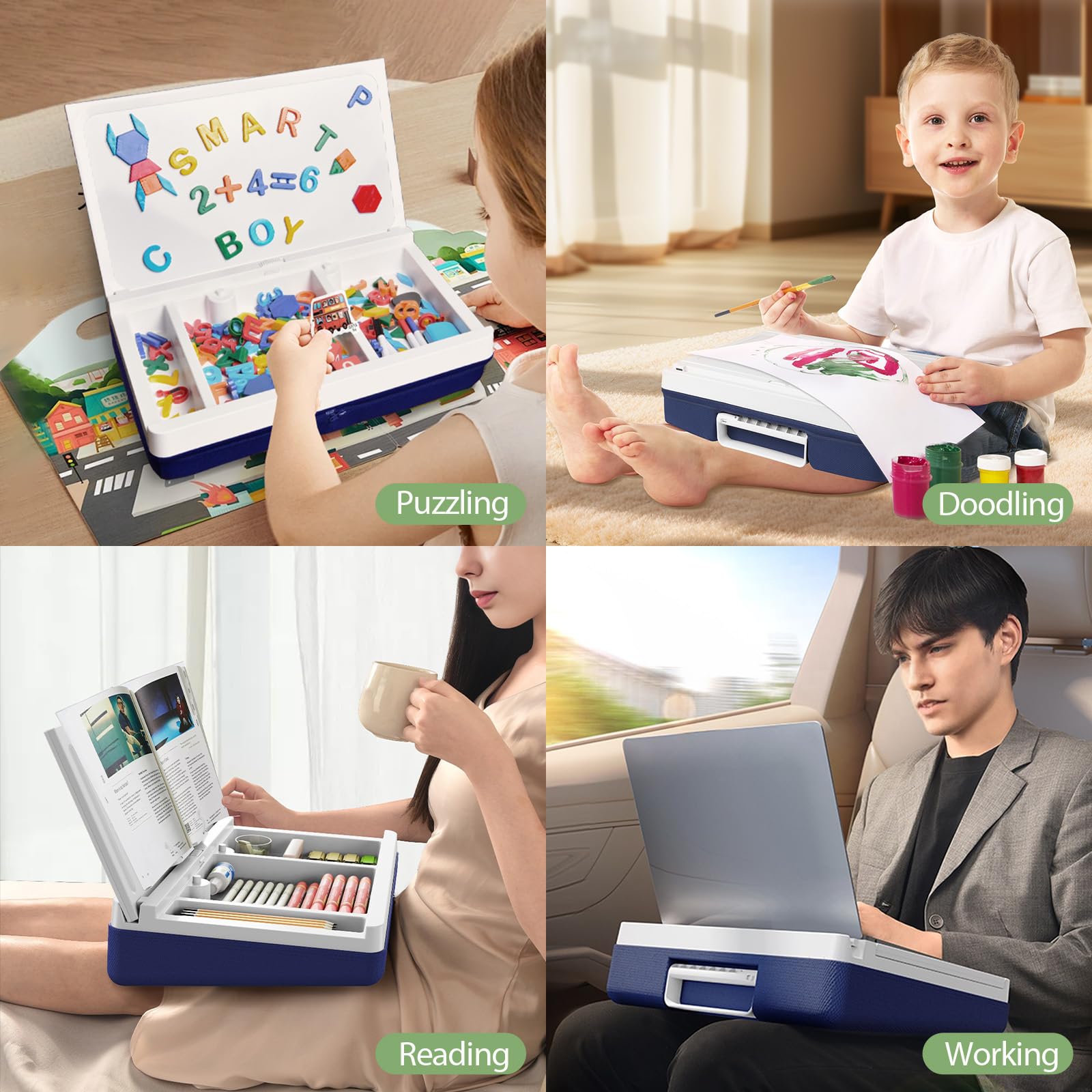 Kids Lap Desk with Storage Cushion & Magnetic Whiteboard - Portable Double-Sided iPad Slot Lap Table for Children & Adults - Washable Study & Drawing Surface - Perfect for Bed, Sofa, Car & Homeschooling - White