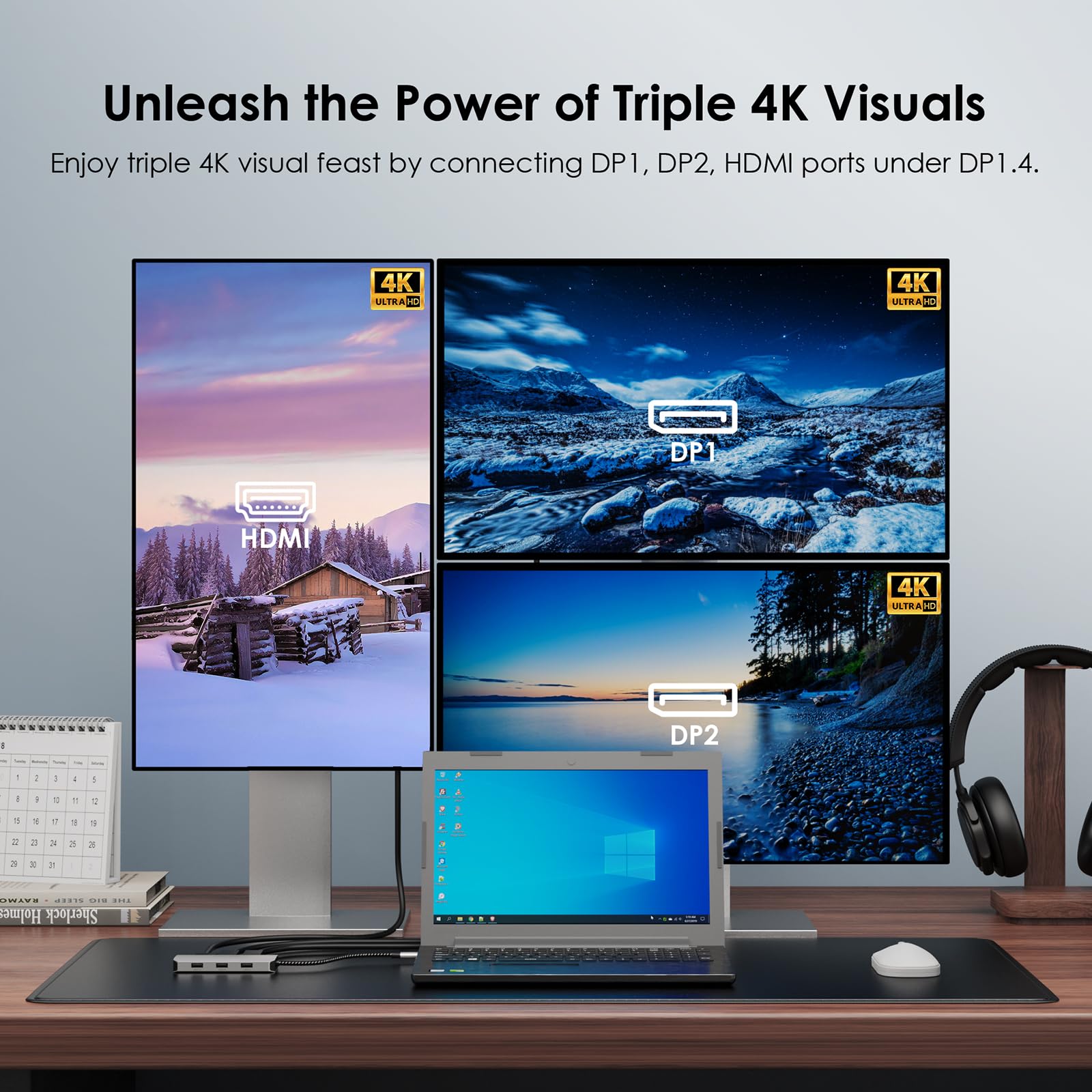 WAVLINK 7-in-1 USB C Docking Station with Quad Display (Dual 4K DP, 4K HDMI, VGA) - Multi-Port Adapter for Dell, HP, Lenovo, Asus, Microsoft Laptops - Includes 3 USB 2.0 Ports - Perfect for Home Office, Gaming & Multi-Monitor Workstations