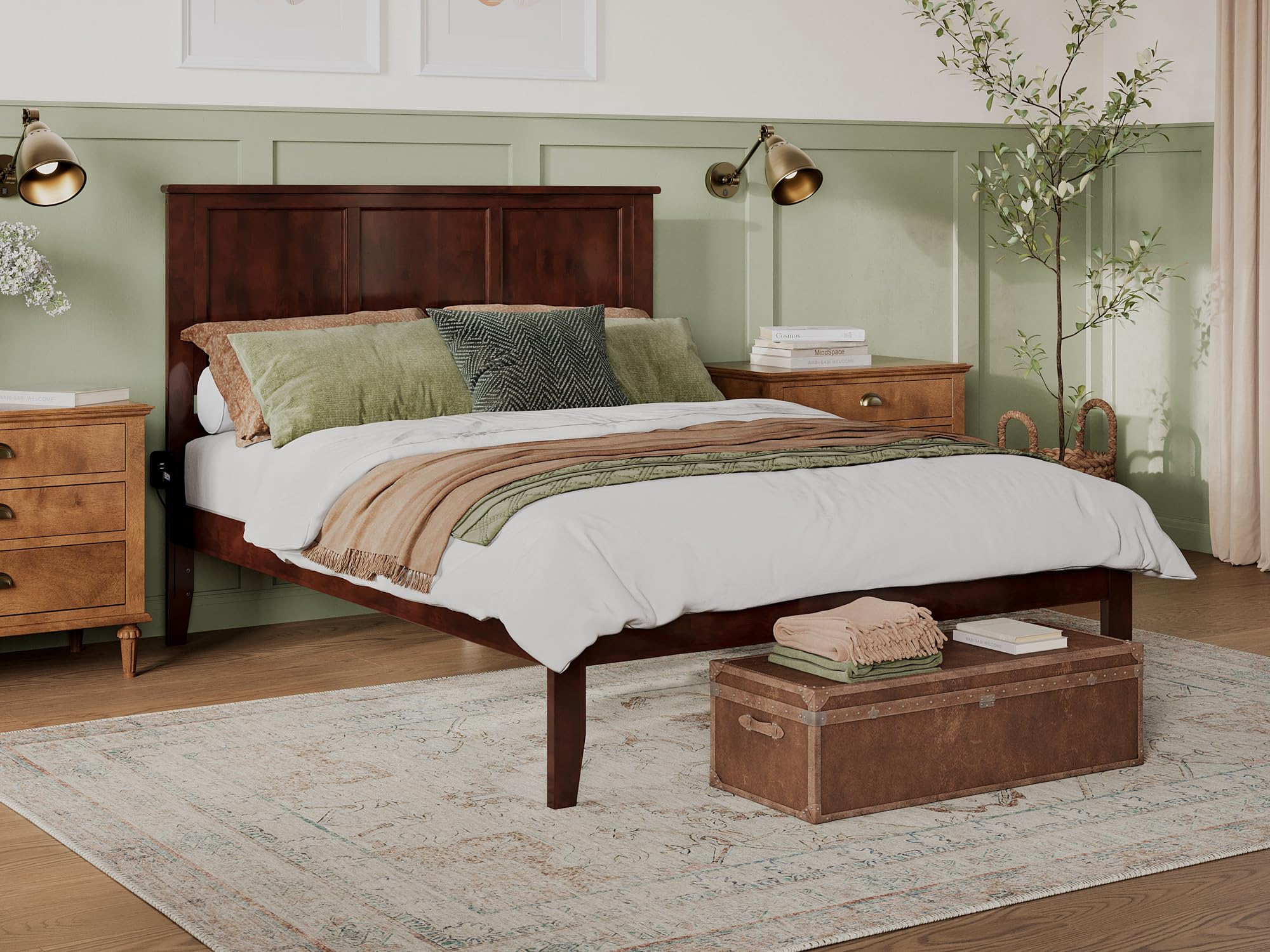 AFI Madison Queen Platform Bed with USB Charging Ports - Walnut Finish, Modern Bed Frame with Storage & Headboard - Perfect for Small Spaces & Guest Rooms