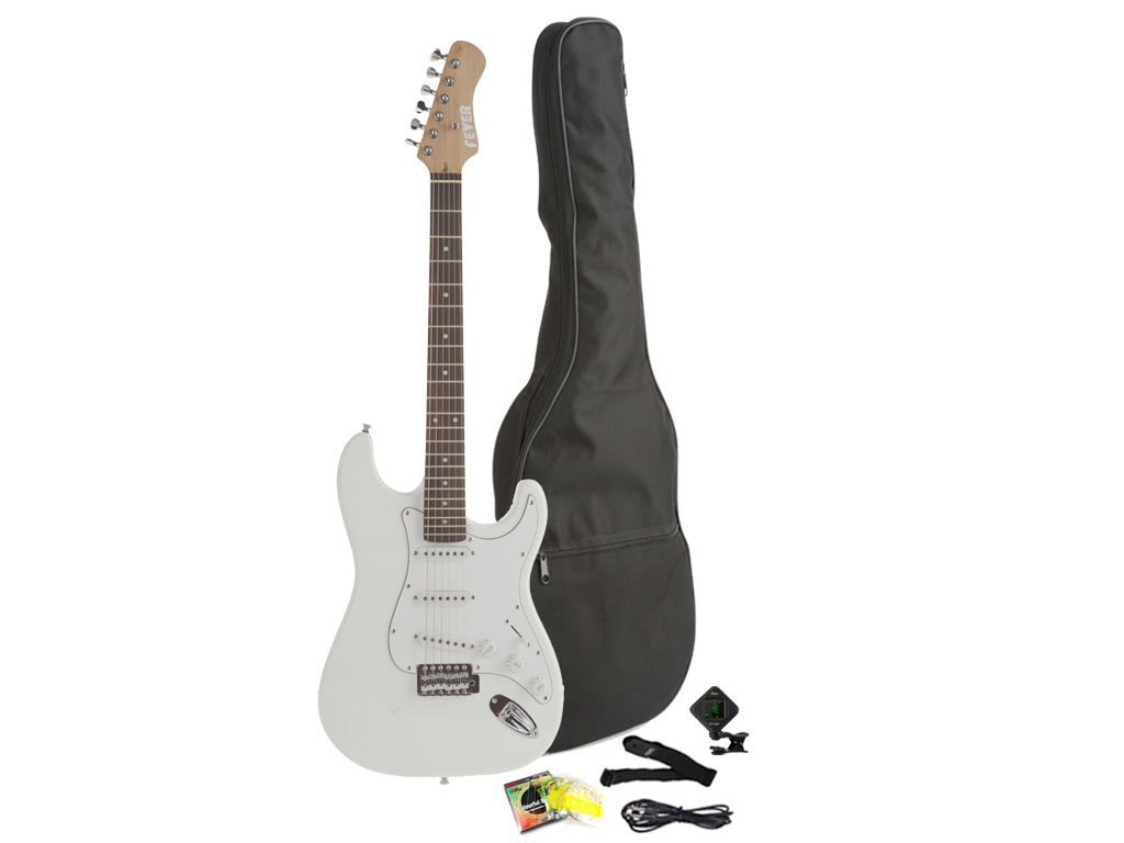 Fever Full Size Electric Guitar Starter Kit - White (A600-WH) with Gig Bag, Clip-On Tuner, Cable, Strap & Strings | Perfect for Beginners, Practice & Live Performances