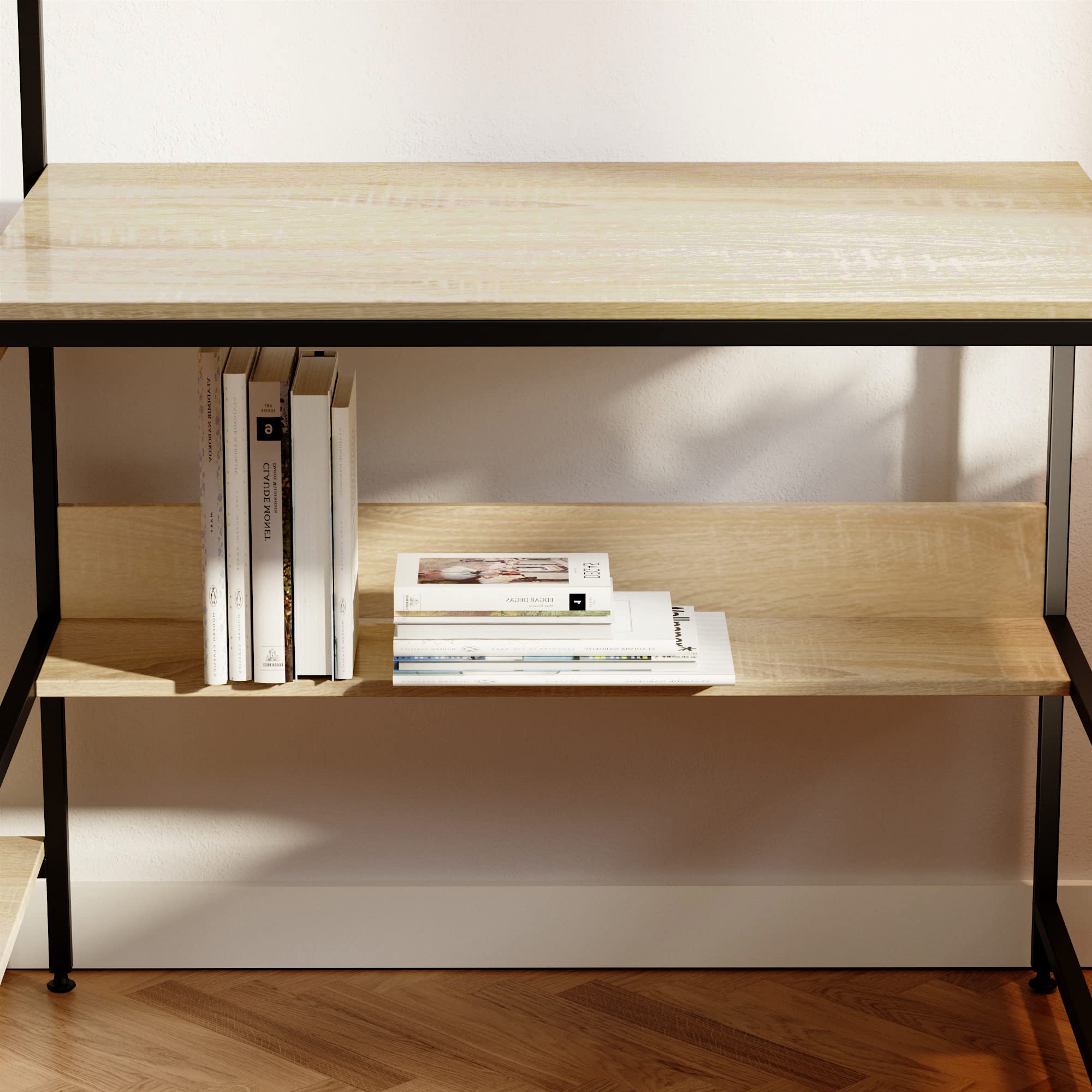 Bestier Computer Office Desk with Steel Frame - Reversible Bookshelves, Headphone Hook & Adjustable Feet - Spacious Under Desk Storage - Oak Wood Home Office Desk for Work, Study & Gaming