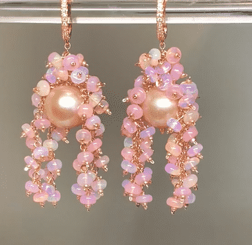 Pink Pearl & Pink Opal Statement Cluster Dangle Earrings in Rose Gold - Elegant Jewelry for Women, Perfect for Weddings, Parties & Special Occasions